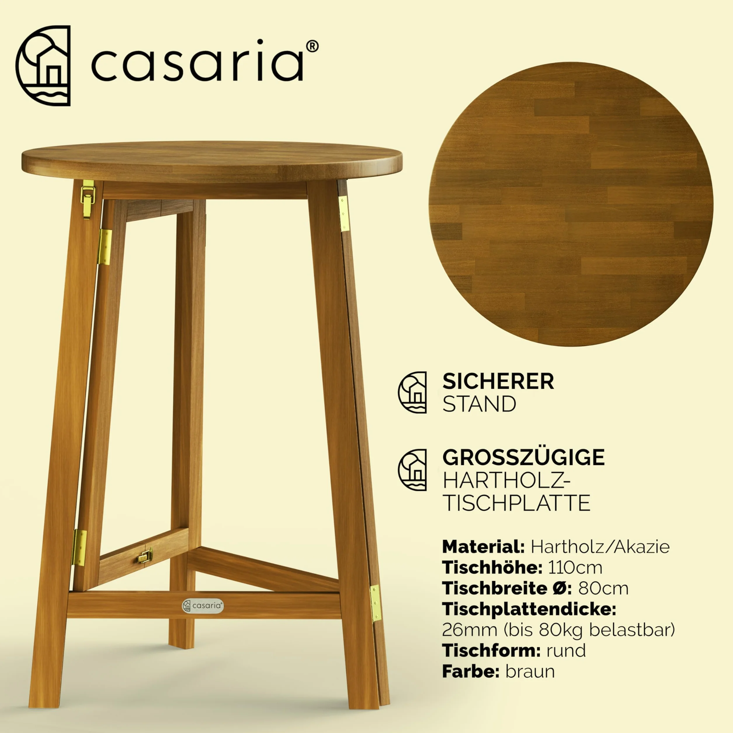 Casaria Tavolino Alto Pieghevole Legno di Acacia Ø 80 x 110cm Tondo Tavolo da Giardino Balcone Richiudibile