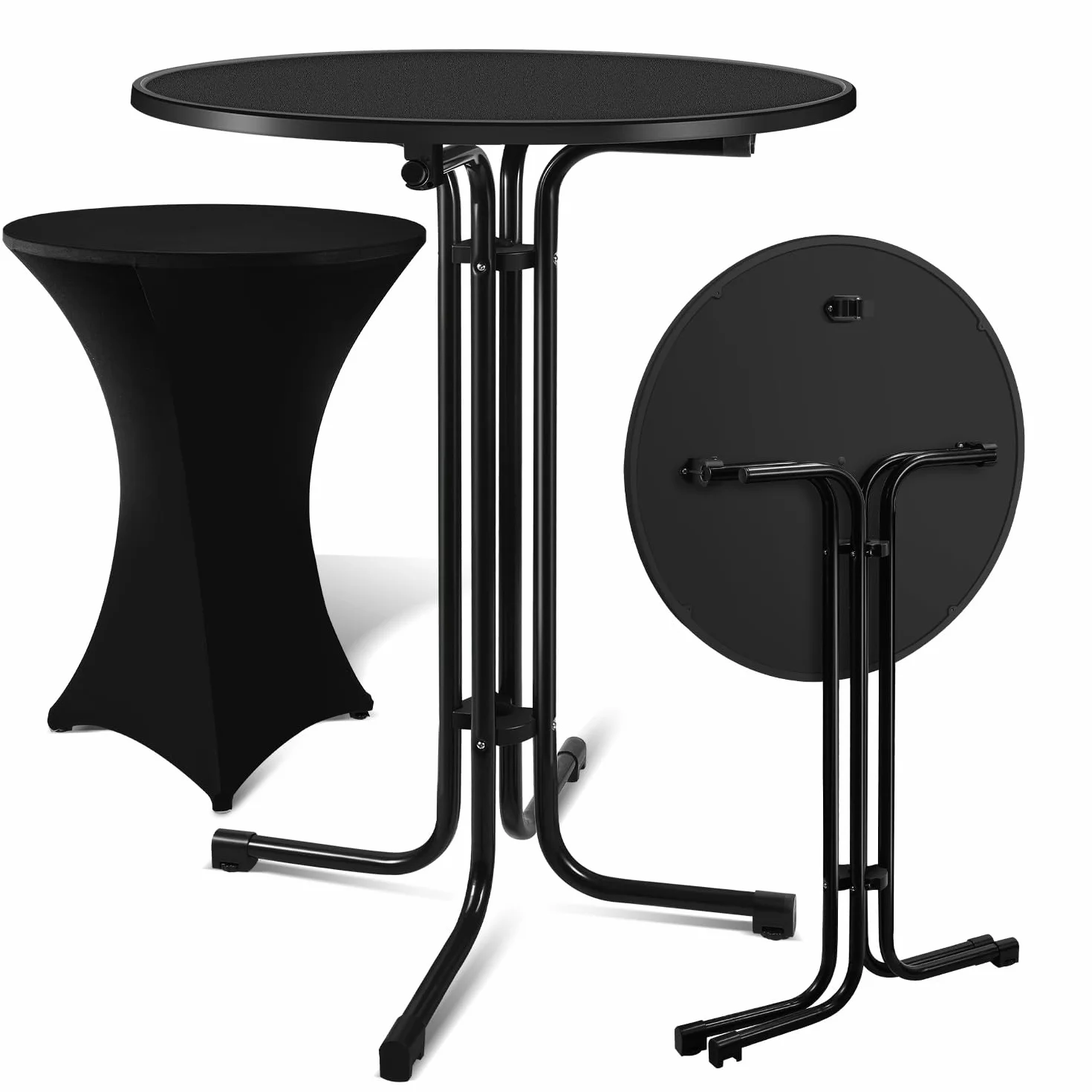 Sonnewelt Tavolo pieghevole Ø 80 cm con rivestimento – Tavolo rotondo per feste per interni ed esterni, altezza 110 cm, resistente alle intemperie, piedini regolabili in altezza, nero