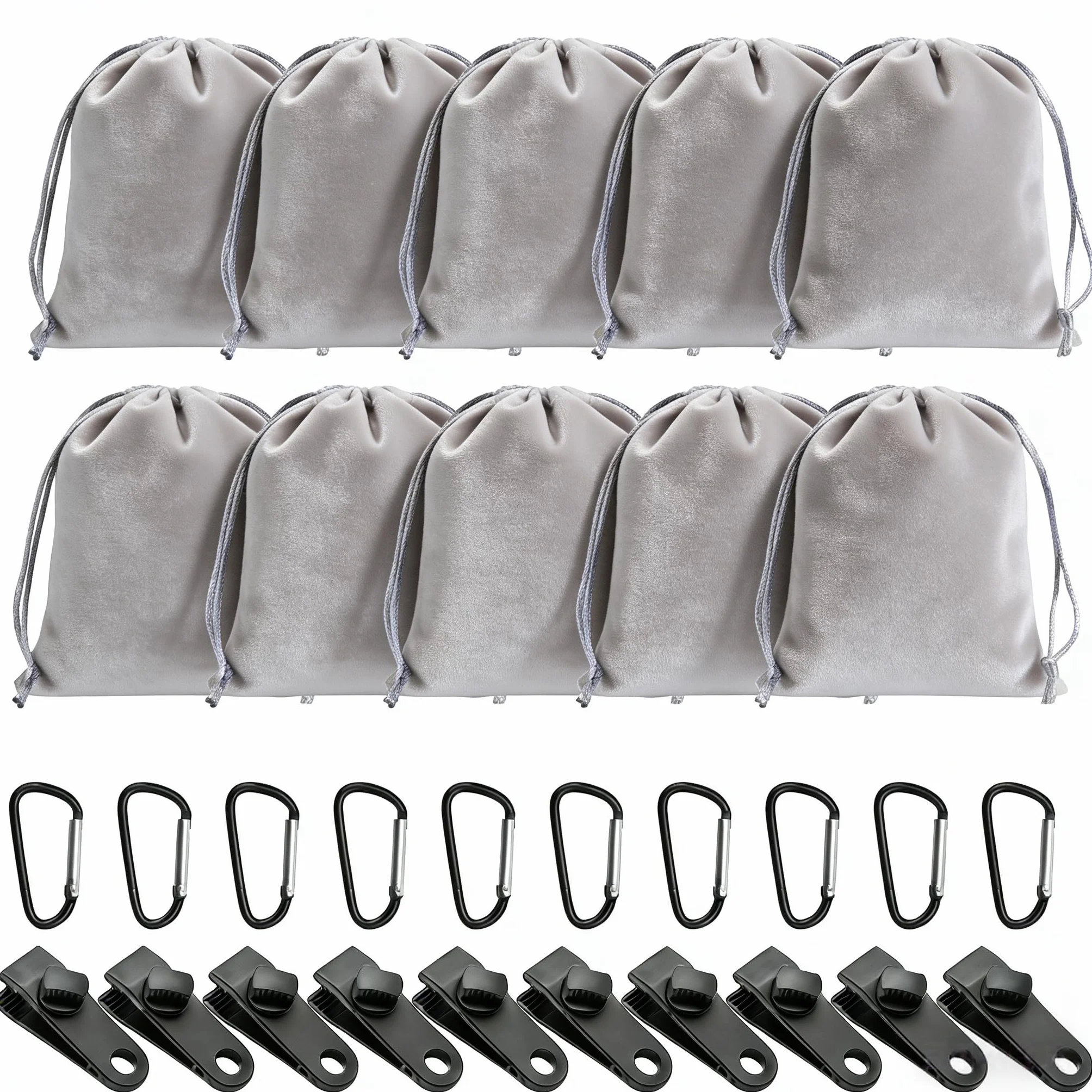 Borsa Zavorra Portatile con 10 Sacchetti Sabbia Riempibili, 10 Moschettoni per Fissaggio Rapido e 10 Clip,Ideale per Stabilizzare Tende,pesi per telo piscina