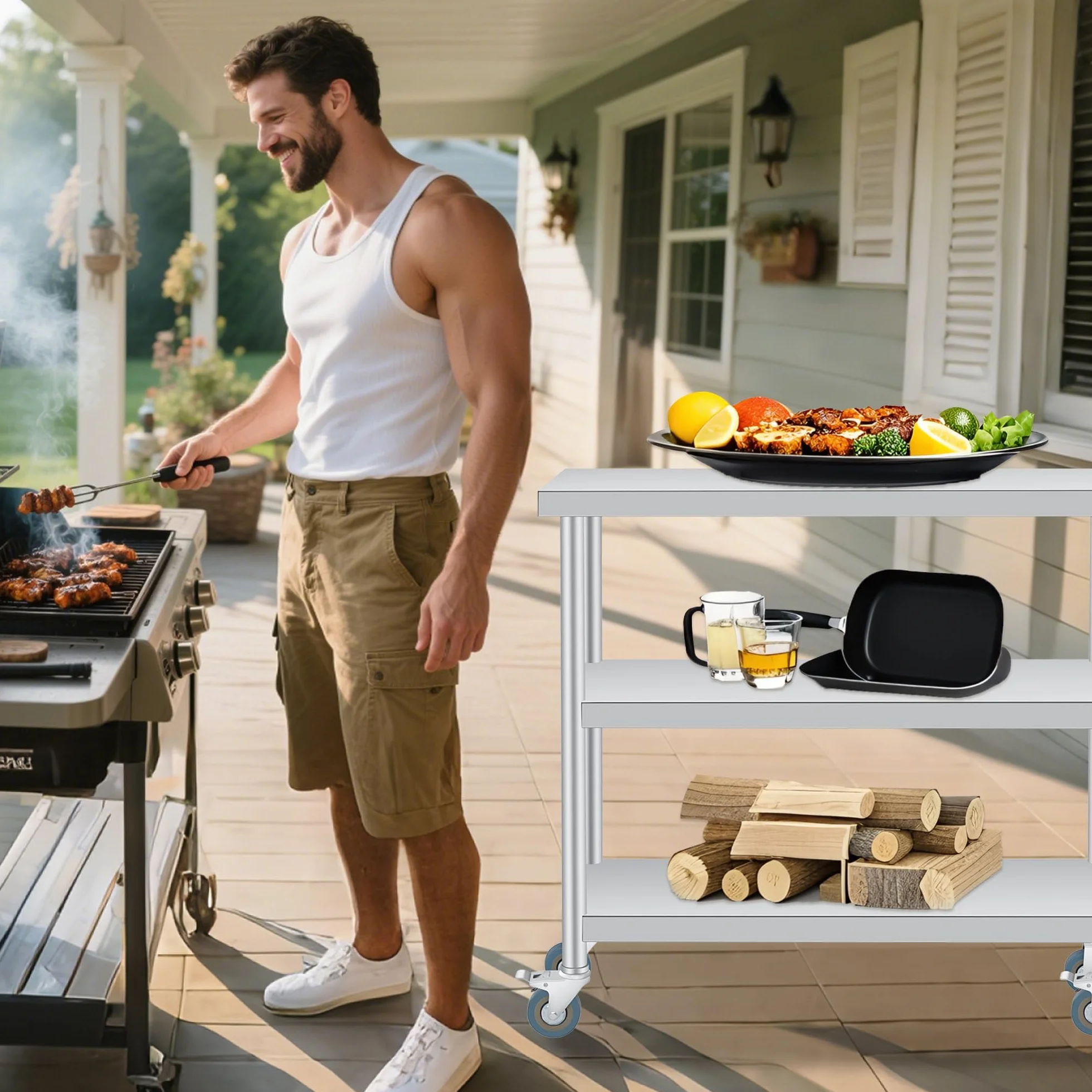 Tavolino Laterale Esterno Acciaio Inossidabile 3 Ripiani – Banco Lavoro Patio Commerciale Resistente Alla Ruggine, Facile Pulire Giardino, Cucina, Ristorante, Garage – Con Ruote, Dimensioni