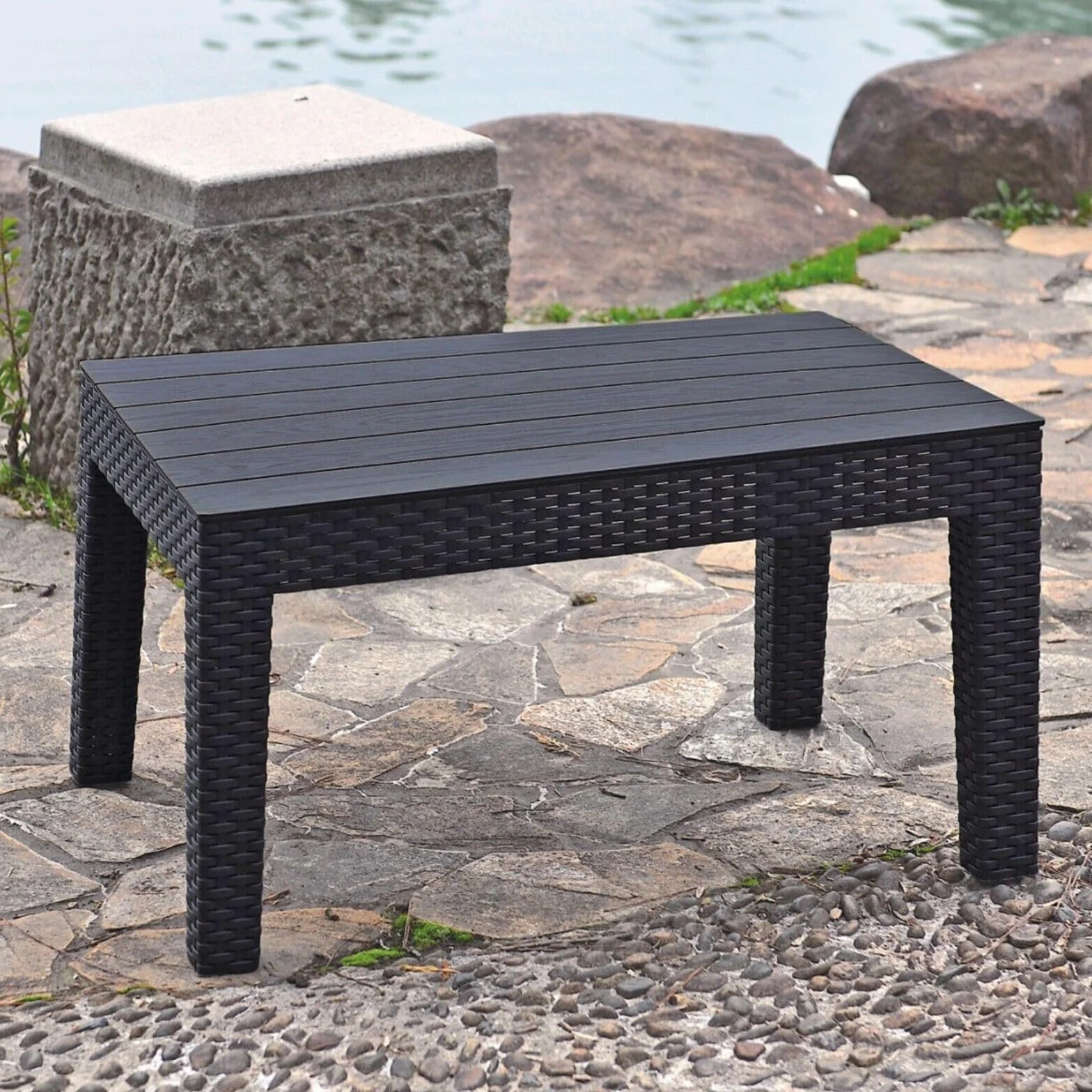 URBN GARDEN Tavolino da salotto in rattan nero, effetto legno, per esterni, bistrot, giardino, balcone, patio