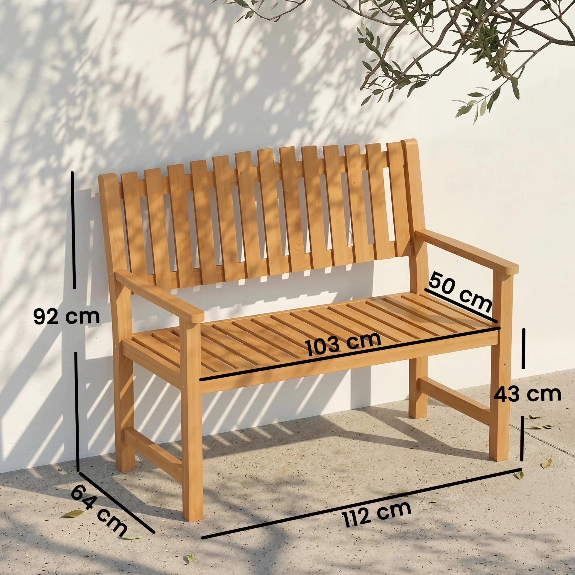 Outsunny Panchina da Esterno 2 Posti in Legno di Acacia FSC, Panchina da Giardino con Braccioli, Seduta e Schienale a Doghe, Max 320 kg, Panca da Esterno per Parco Terrazza, 112x64x92cm, Color Legno