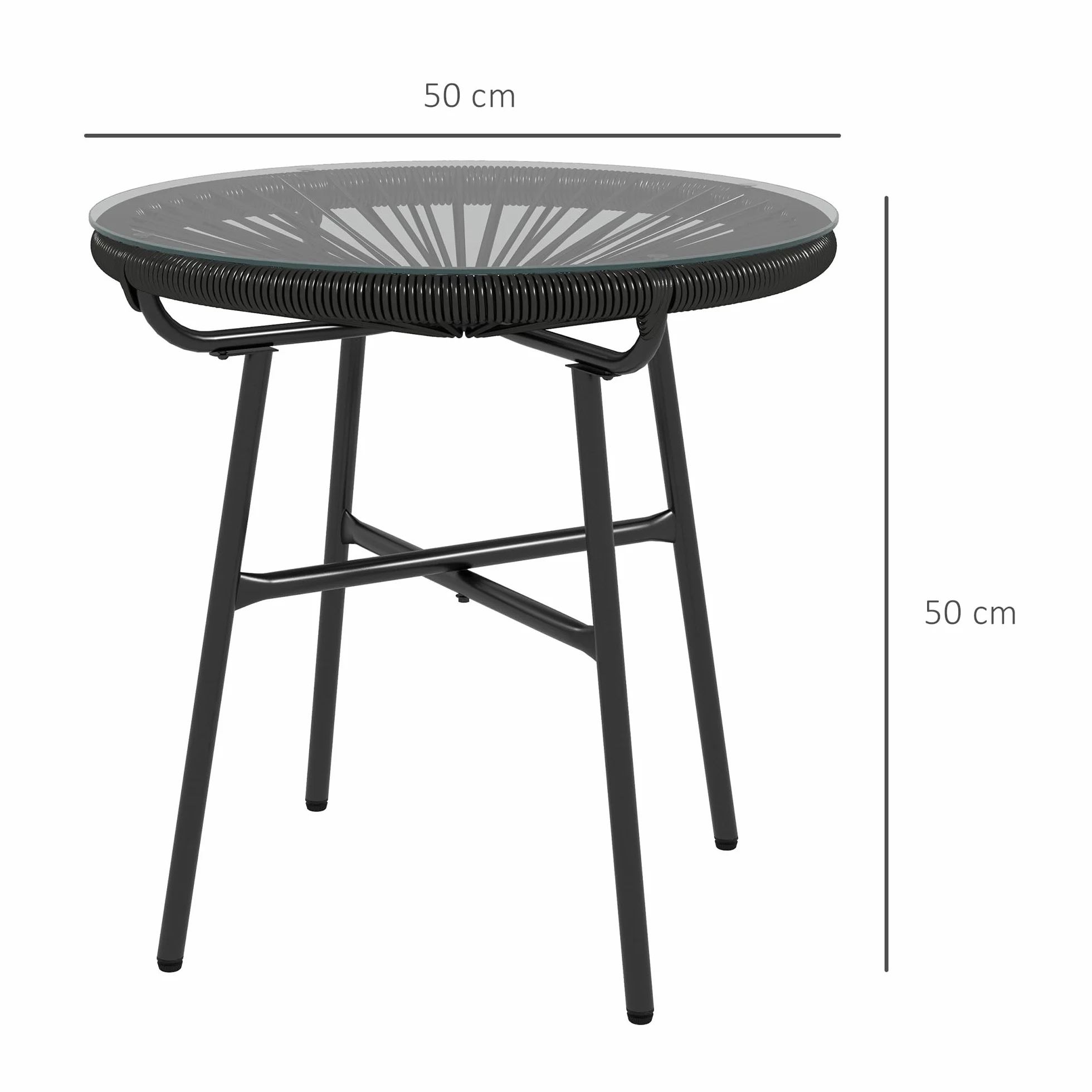 Outsunny Tavolino rotondo da giardino in resina effetto rattan metallo e piano in vetro temperato Ø 50 x 50 cm, colore: Nero