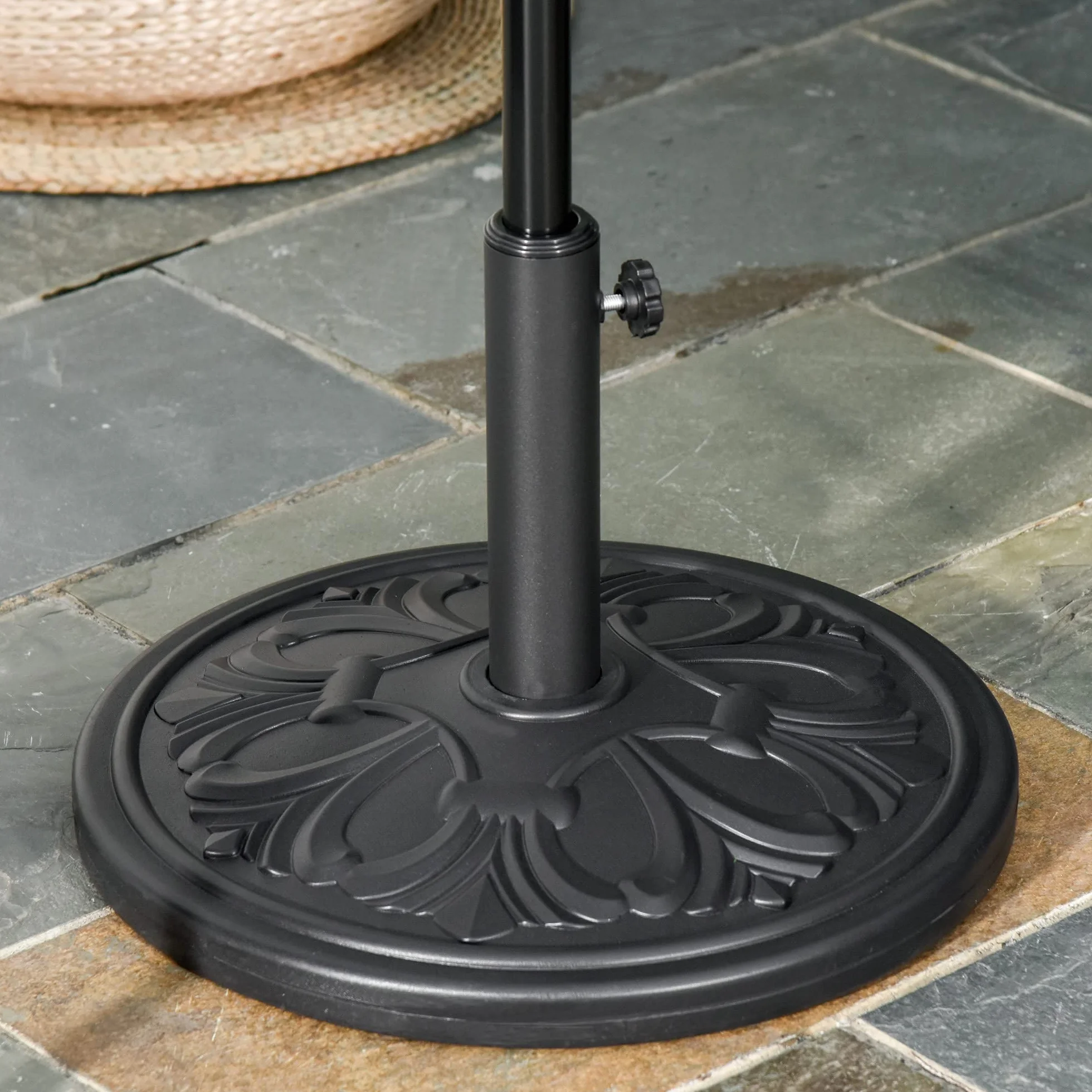 Outsunny Base per Ombrellone Rotonda in HDPE con Disegno Floreale, Base Ombrellone da 13kg con Supporto per Pali da 35-38-48mm, Nero