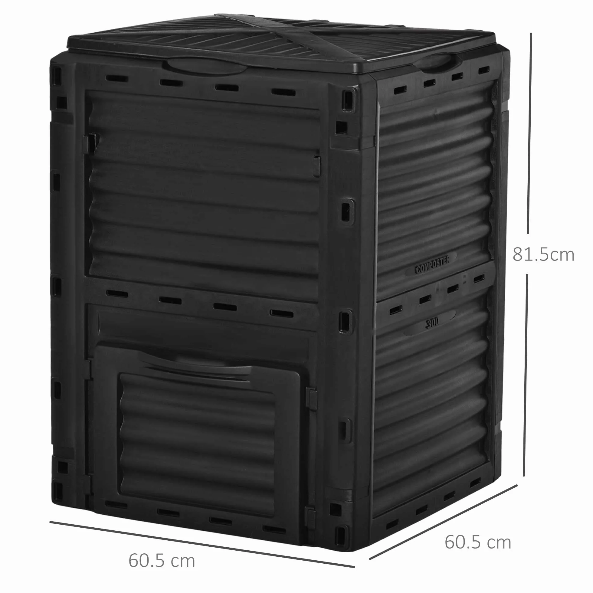 Outsunny Compostiera da Giardino 300L Plastica Nera con Coperchio a Incastro