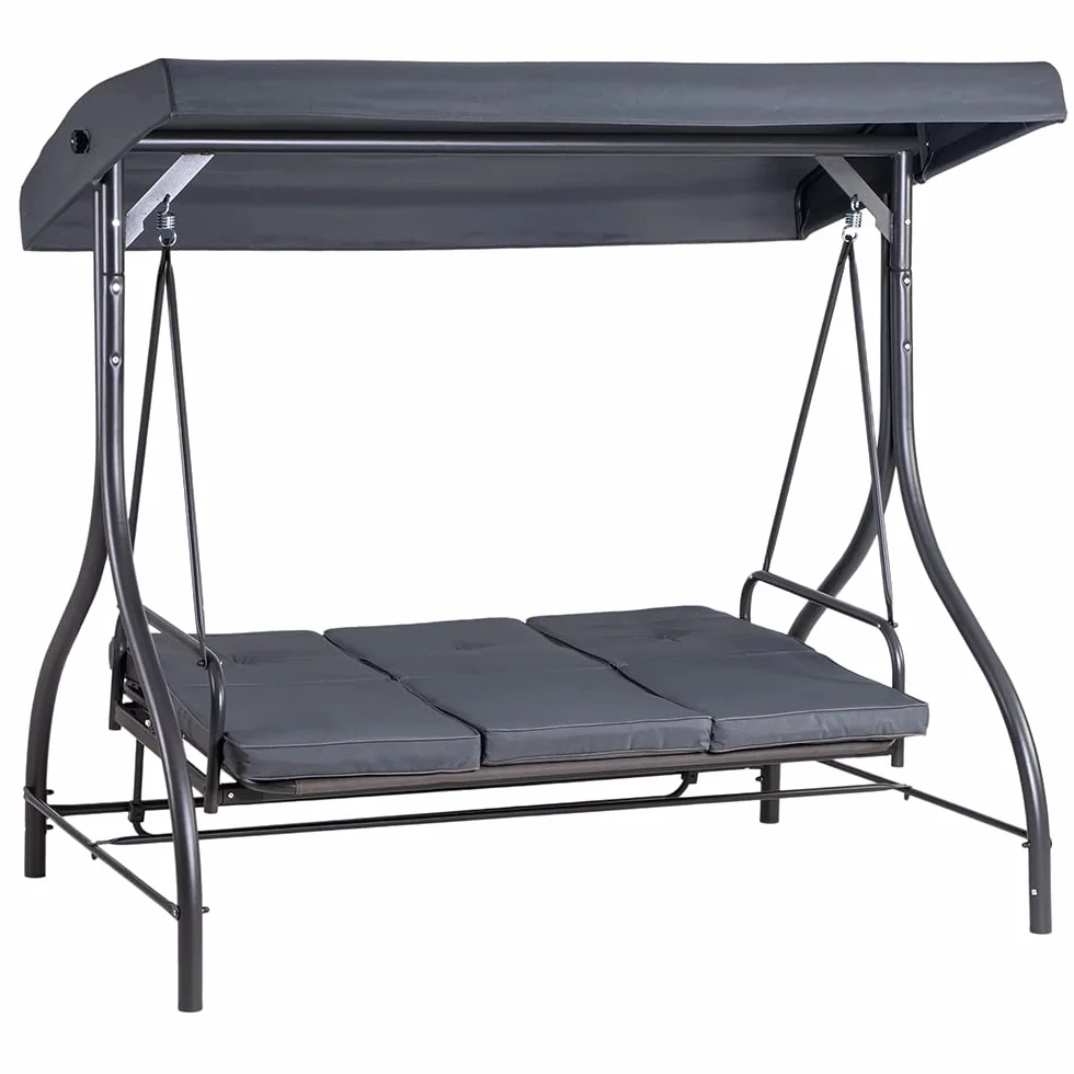 Hortan Dondolo Altalena XL 3 Posti Con Funzione Letto, Tetto Parasole Regolabile, Struttura In Acciaio E Tessuto Impermeabile, Per Arredo Giardino, Terrazzo e Balcone