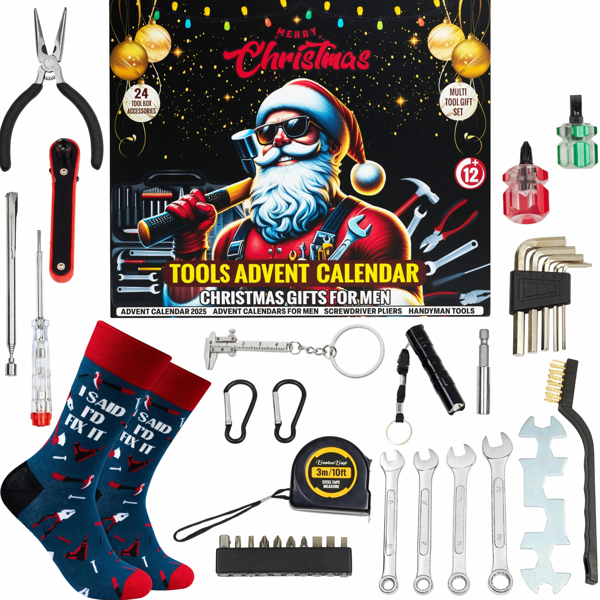 KreativeKraft Calendario Avvento Uomo Attrezzi 2025 con 24 Sorprese, Torcia, Pinze, Cacciavite, Chiave Inglese, Fascette Stringicavo, Regali per Lui
