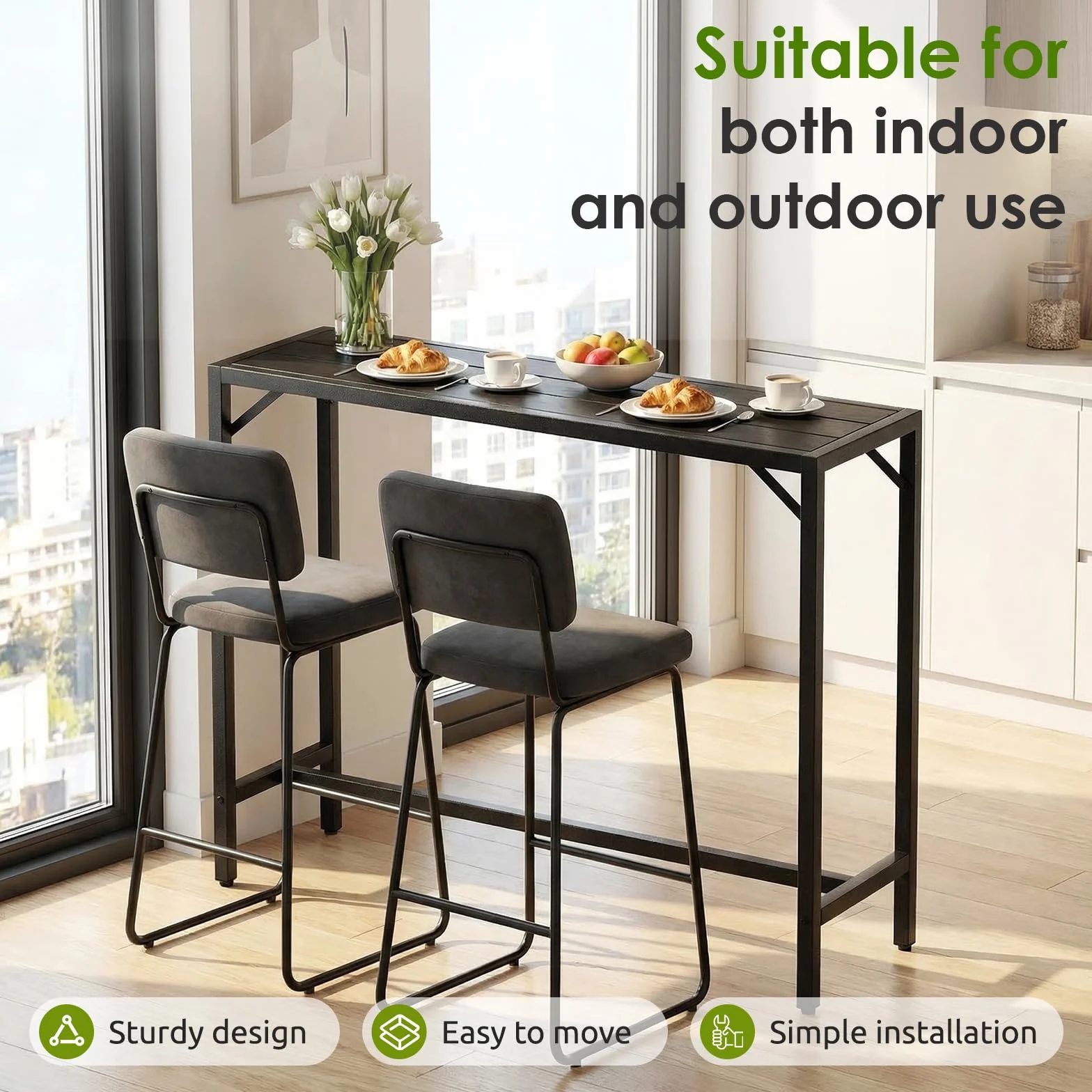 LIFERUN Outdoor Bar Table, 120 x 38 x 98 cm, Tavolo da Giardino Cortile con Piano Impermeabile, Tavolo da Bar Alto con Piedini Regolabili, adatto per Terrazza, Bordo Piscina, Soggiorno, Nero