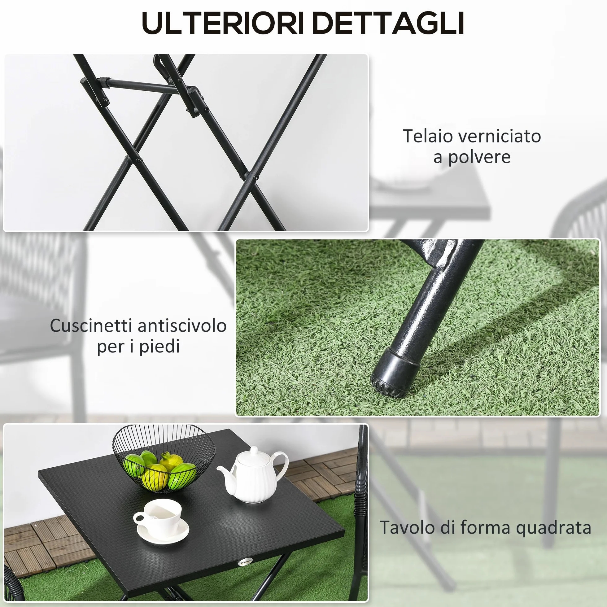 Outsunny Tavolino Pieghevole Quadrato con Piedini Antiscivolo, Tavolino da Esterni in Acciaio, 60x60x71 cm, Nero