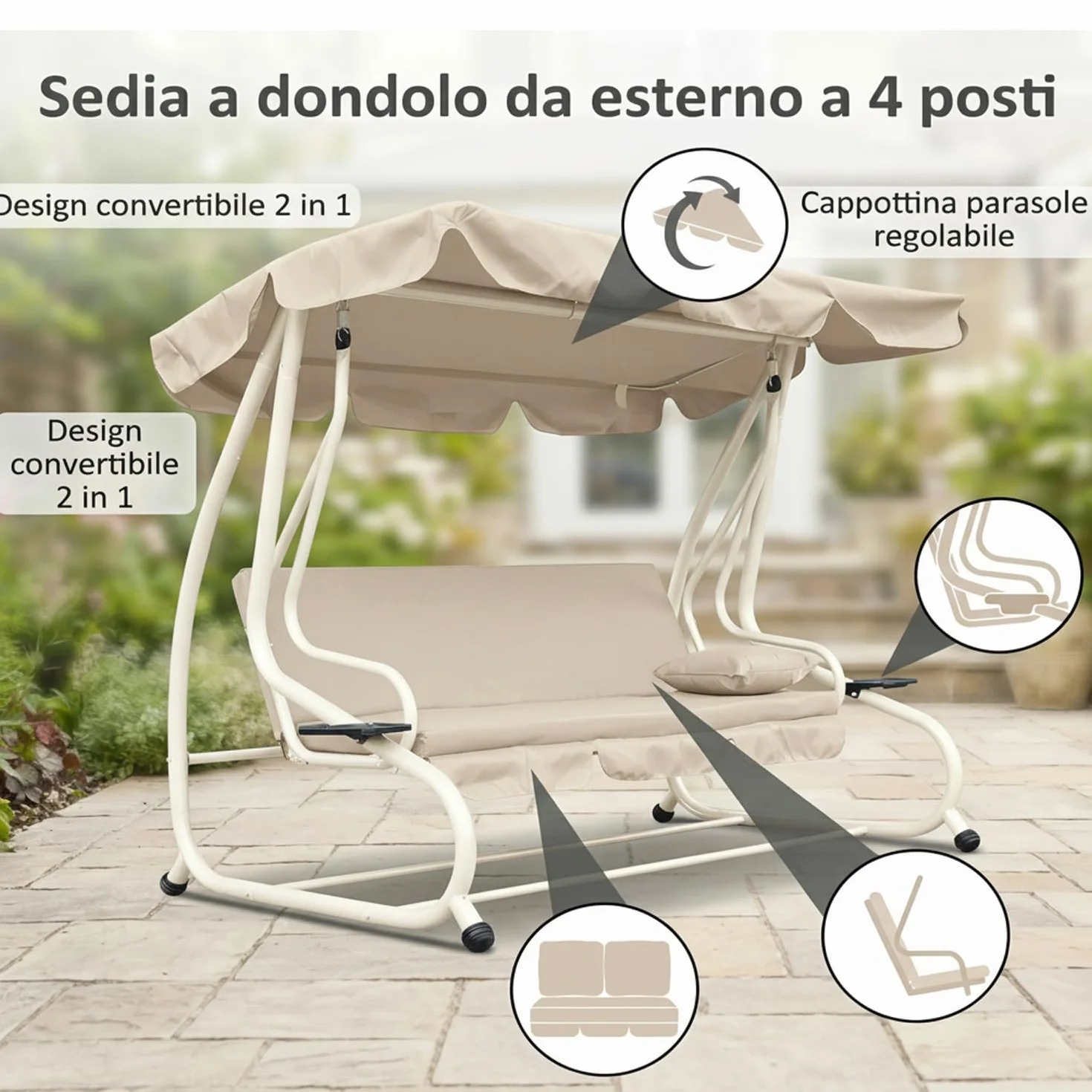 Marvin Dondolo Letto da Giardino 4 Posti Harmony con Tetto Parasole Struttura in Acciaio e Cuscino Imbottito 10 cm Altalena da Esterno Terrazzo (Bianco/Ecrù)