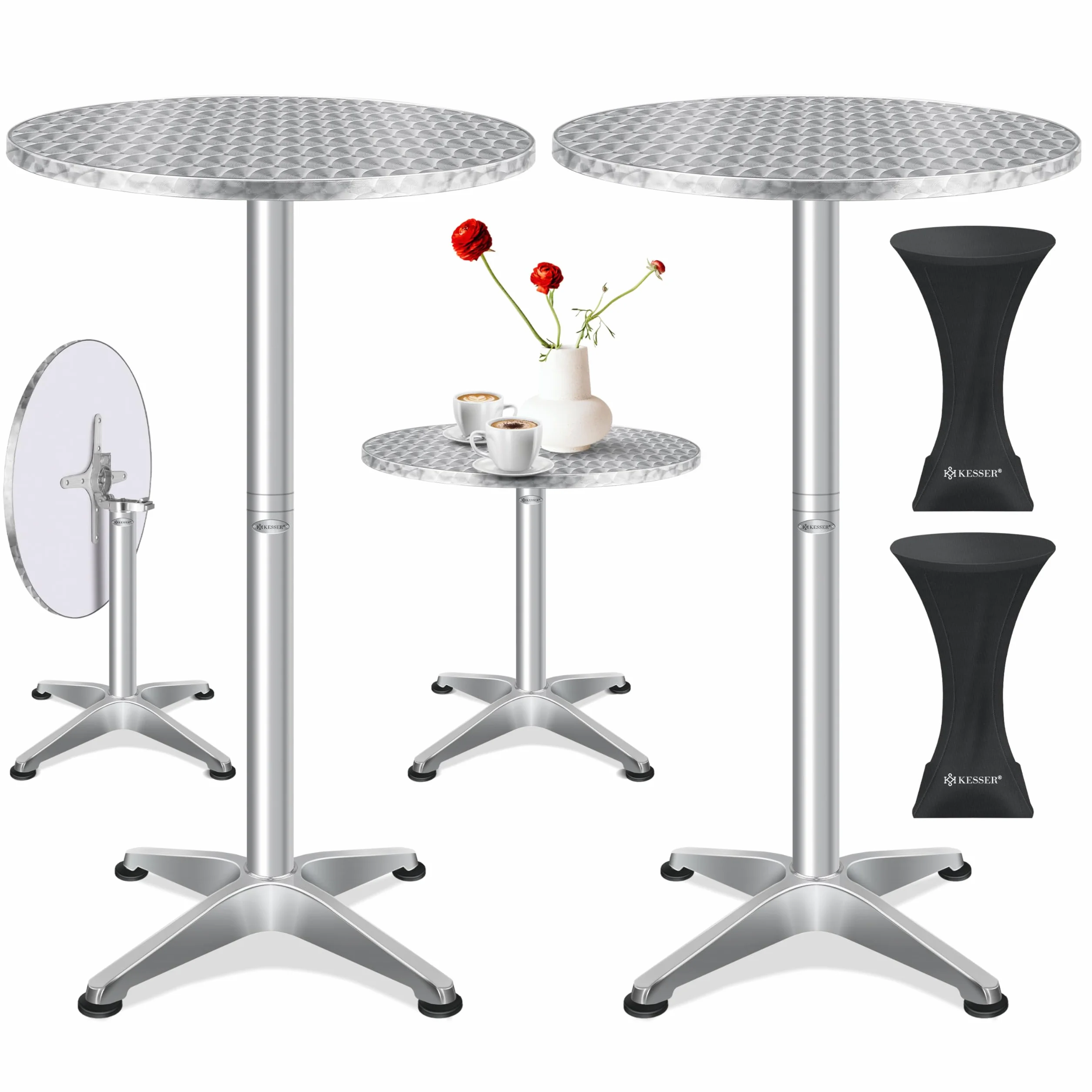 KESSER Tavolo da bistrot pieghevole 2 in 1, set da 2 pezzi, piastra in alluminio in acciaio inox, altezza 70 cm/115 cm, diametro 60 cm, tavolo da ricevimento per interni ed esterni, tavolo pieghevole