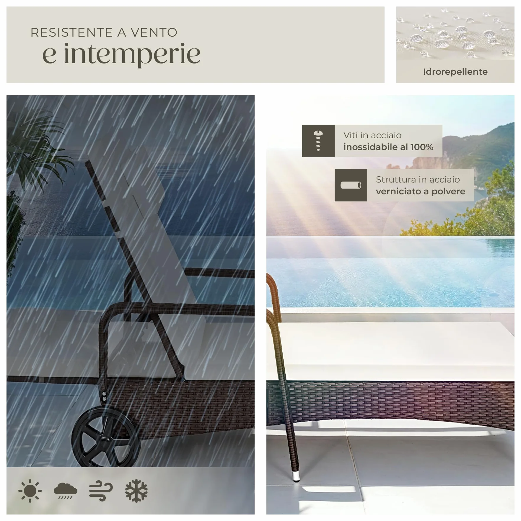 tectake® Lettino Poly Rattan Arredo Esterno Giardino, Sdraio Prendisole, Sdraio da Giardino, Terrazzo, Balcone, Sdraio piscina, Ruote Gommate, Arredo Interno Divano Sedia - Marrone Misto
