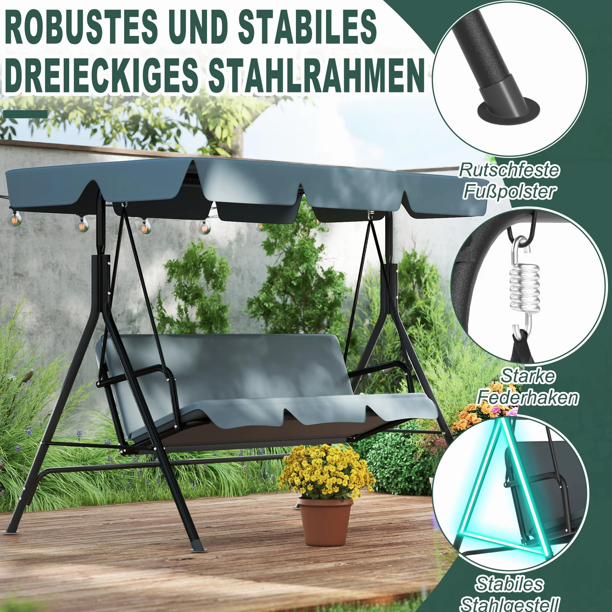 UISEBRT Dondolo Hollywood a 3 posti, con tettuccio parasole regolabile, portata fino a 200 kg, resistente alle intemperie, per esterni e interni, 176 x 110 x 152 cm, antracite