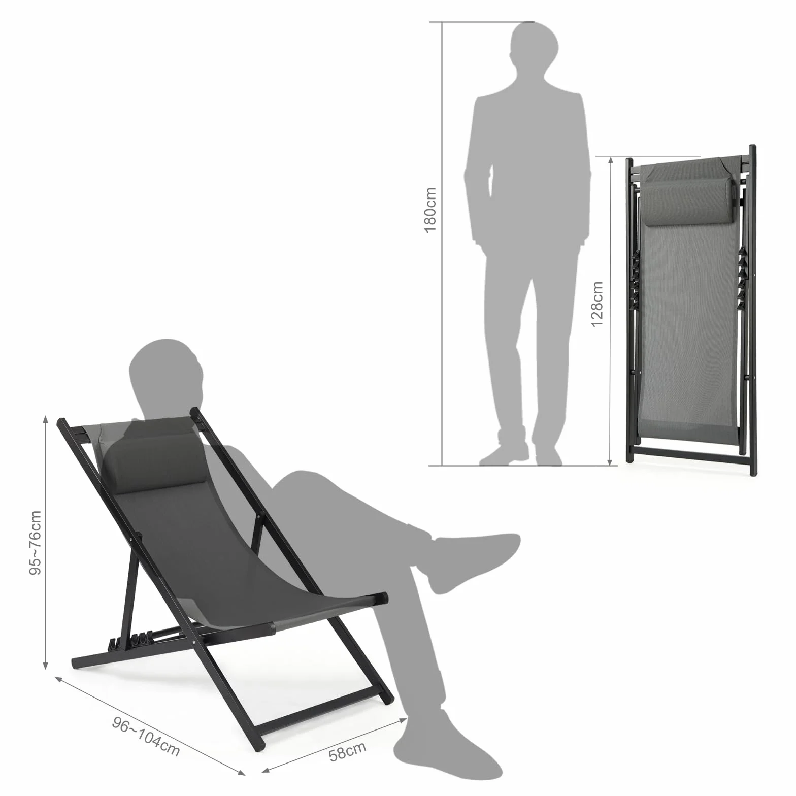 Mondeer Pieghevole Deck Sedia 2-Pezzo Set con Regolabile Poggiatesta e Schienale, Grigio
