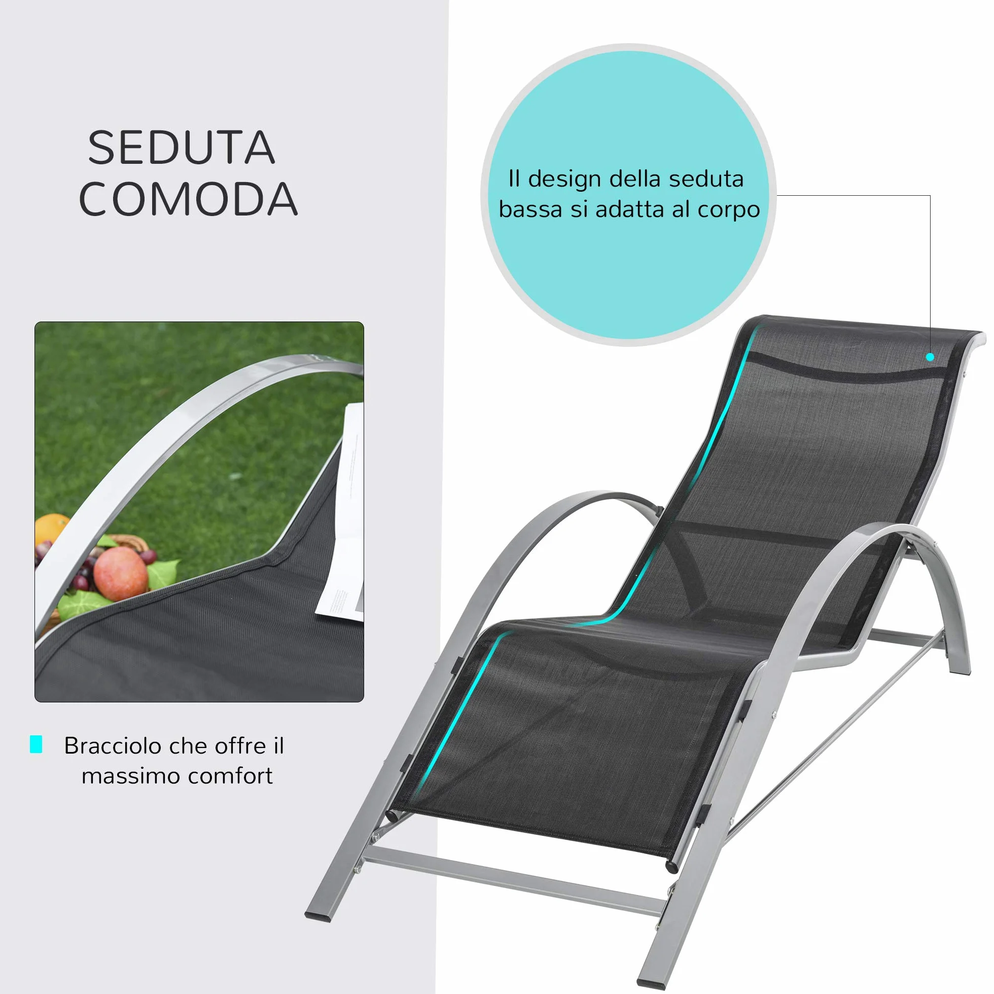 Outsunny Set 2 Sdraio da Giardino e Tavolino in Vetro, Lettino Prendisole con Tessuto Traspirante, 59x169x66cm, Nero Grigio