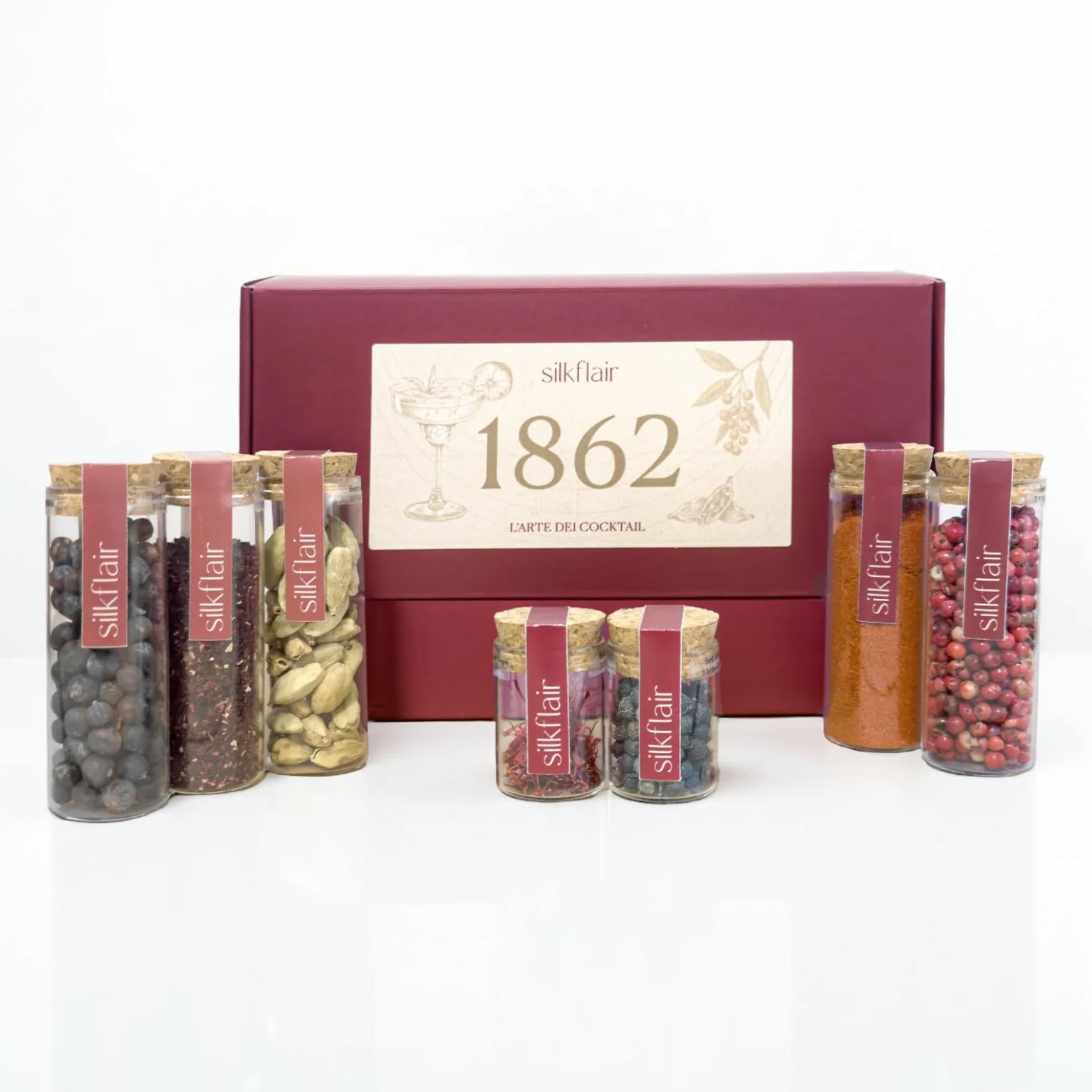 Silkflair "L'arte dei cocktail" (con zafferano in pistilli) Set spezie per cocktail e gin botanicals | Box premium con 7 spezie pregiate e 7 ricette originali
