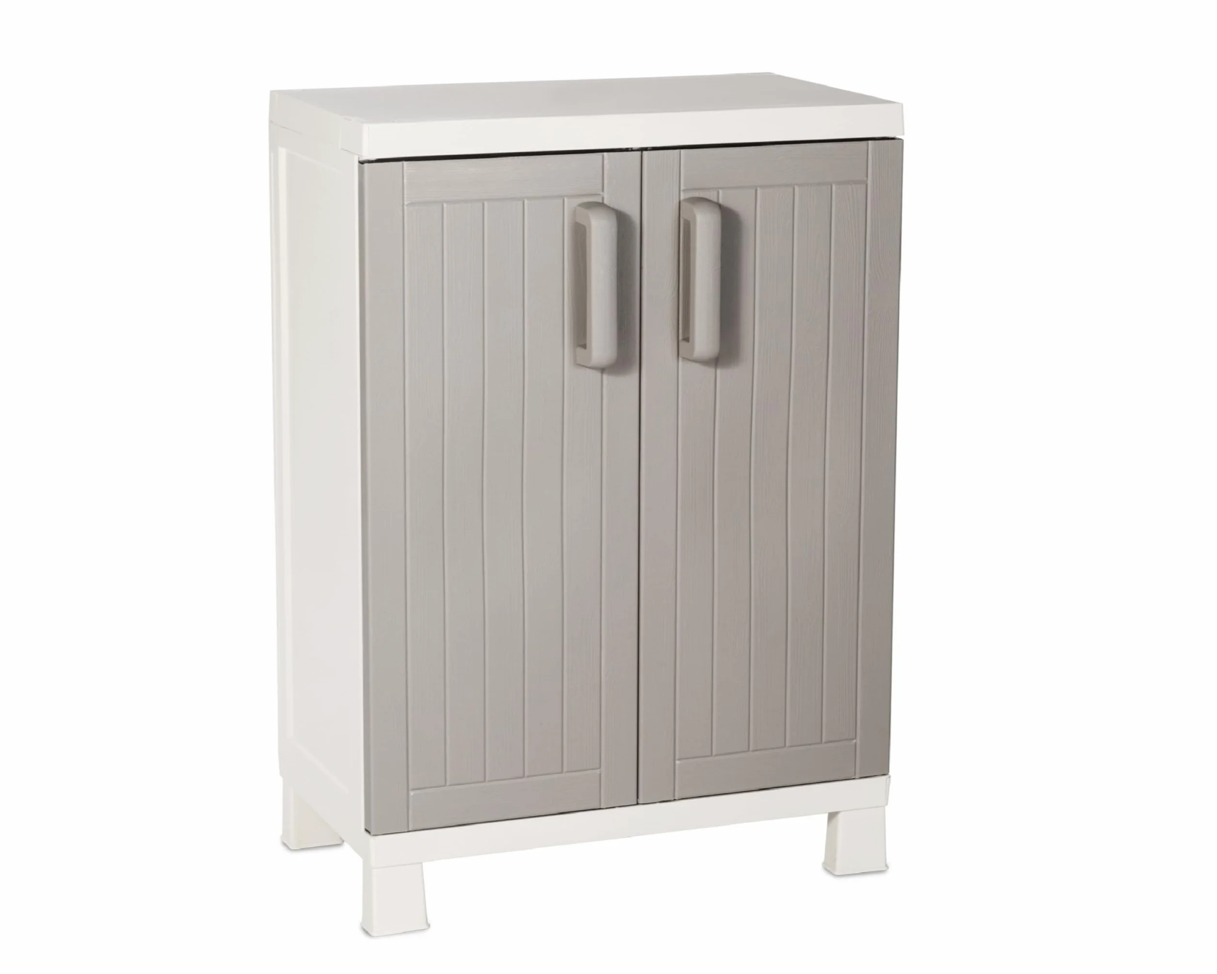 Toomax Armadio Wood Midi Basso 65x37x93h cm in plastica resistente effetto legno grigio tortora/grigio chiaro, con 2 ripiani regolabili e piedini, ideale per garage, cantine e spazi interni