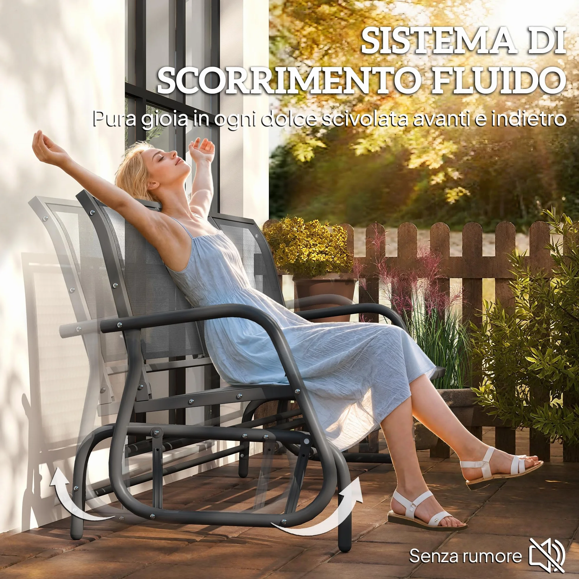 Outsunny Panchina a Dondolo da Giardino a 3 Posti in Metallo e Tessuto a Rete Traspirante, 147x70x85cm, Grigio