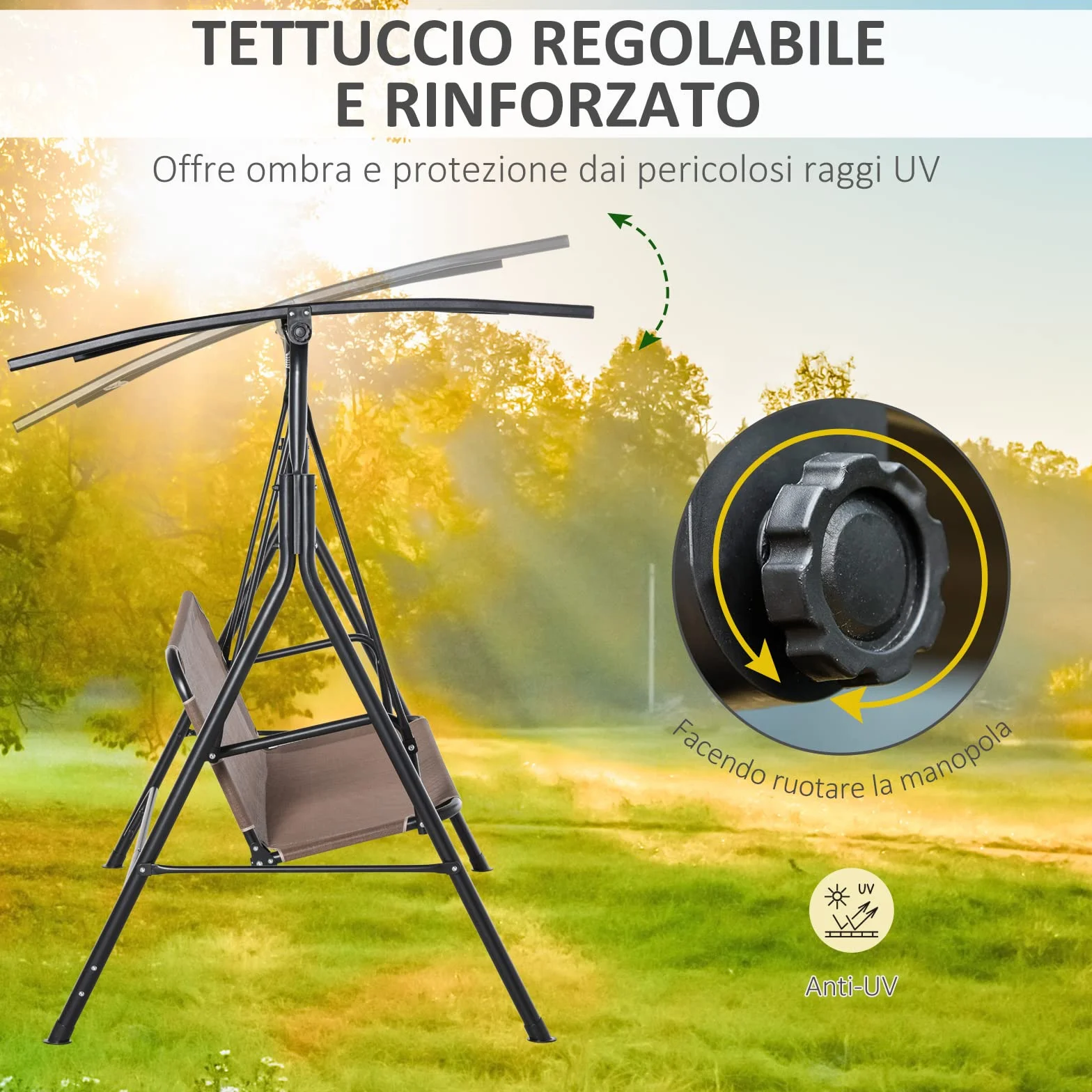 Outsunny Dondolo da Giardino Terrazza 2 Posti con Tettuccio Parasole Regolabile, Metallo e Texteline 172x110x155cm Marrone
