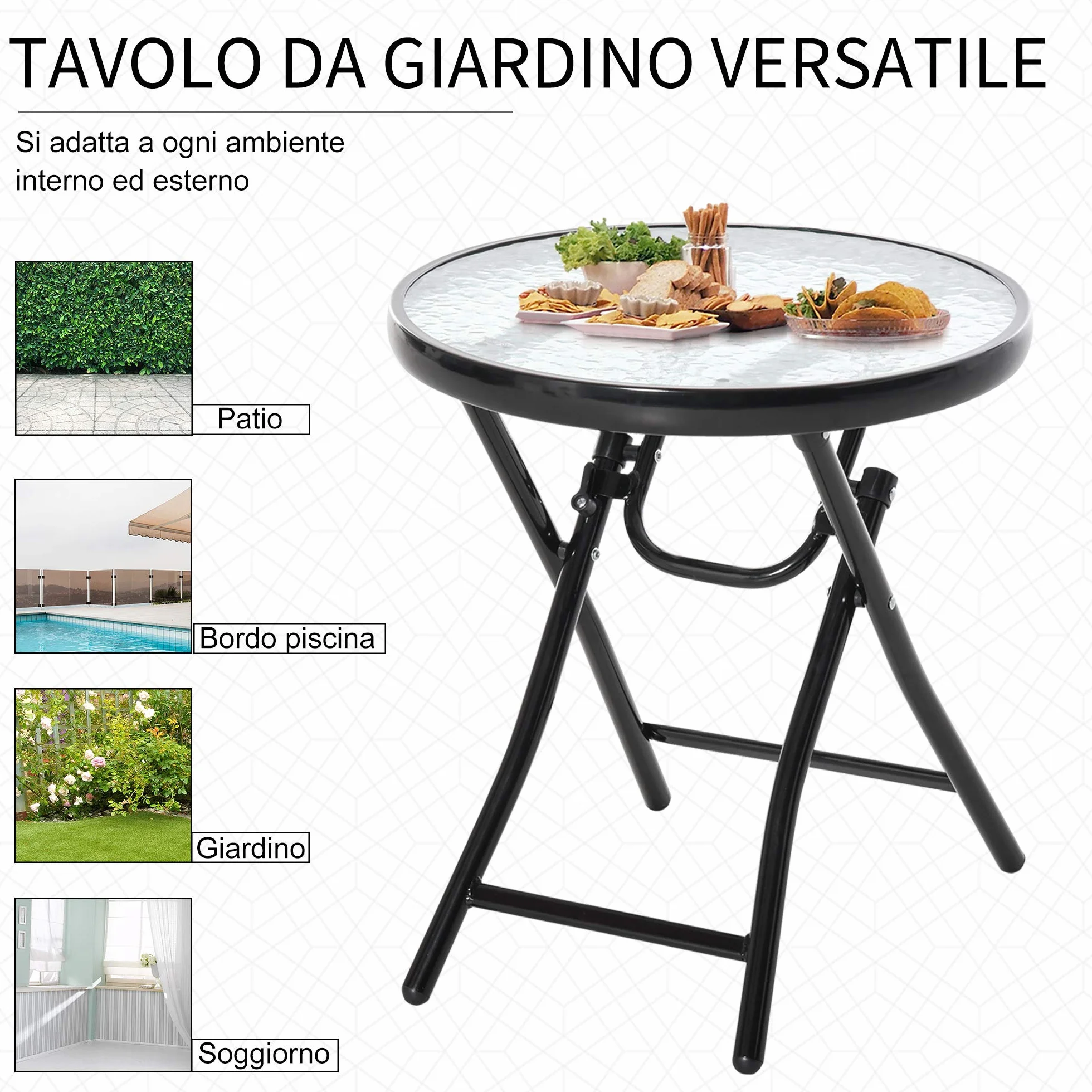 Outsunny Tavolo da Giardino Pieghevole in Metallo con Ripiano in Vetro e Blocco di Sicurezza, Φ45x50cm Nero
