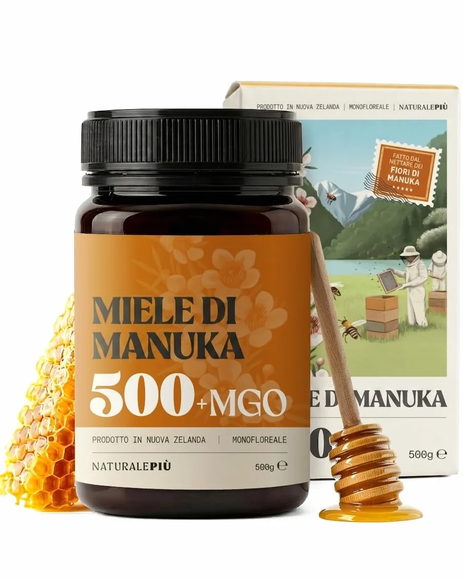 NaturalePiù Miele di Manuka 500+ MGO 500g. Dalla Nuova Zelanda. Certificato in Laboratorio. Miele Balsamico Puro. Mono Floreale, Ideale per la Cura delle Ferite. Tè, Cereali e Prodotti da Forno.