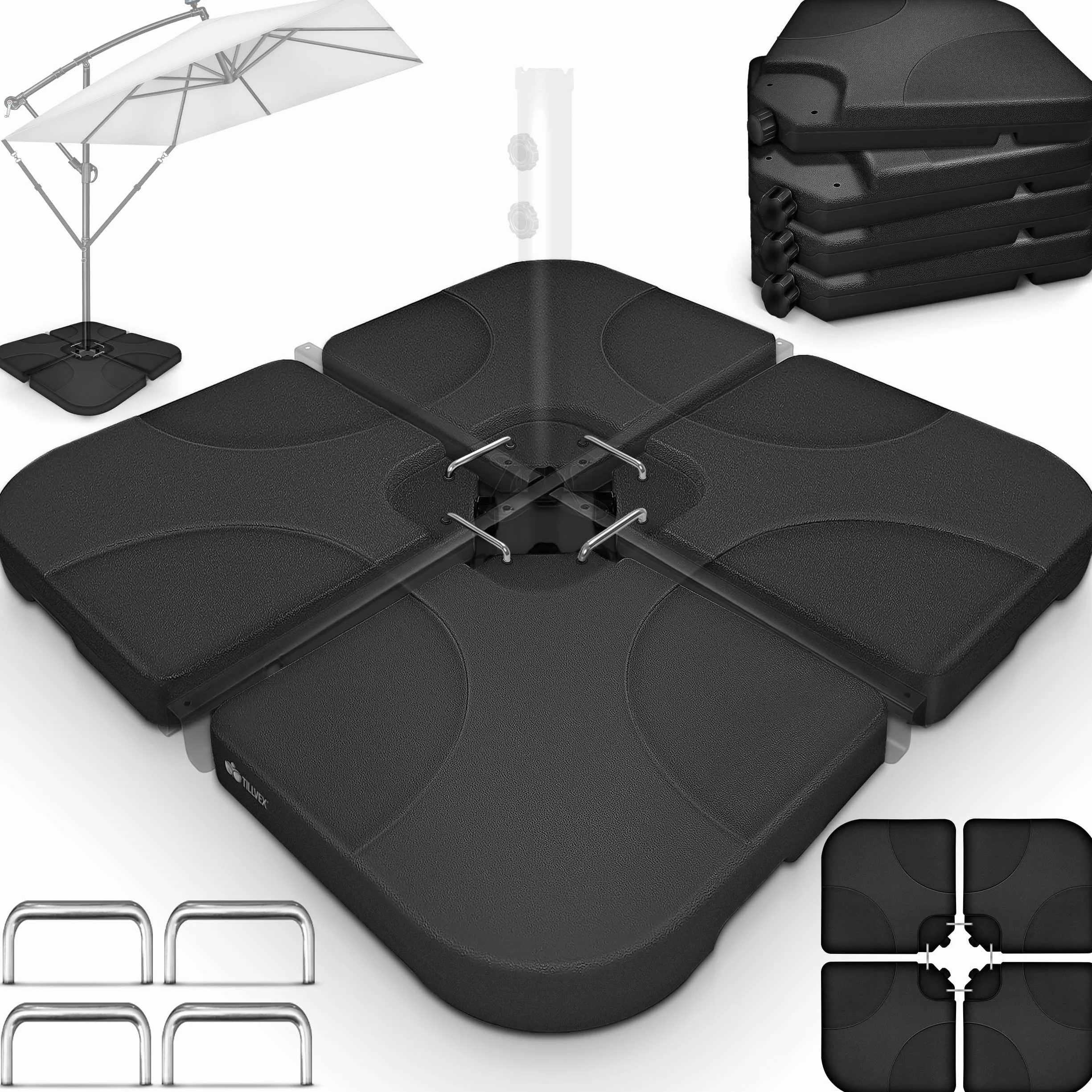 tillvex® Base per Ombrellone 60 Litri / 80 kg – 4 Pezzi per Ombrellone Decentrato con Connettore Metallico | Porta Ombrelloni Riempibile con Acqua o Sabbia | Supporto Ombrellone (Nero)