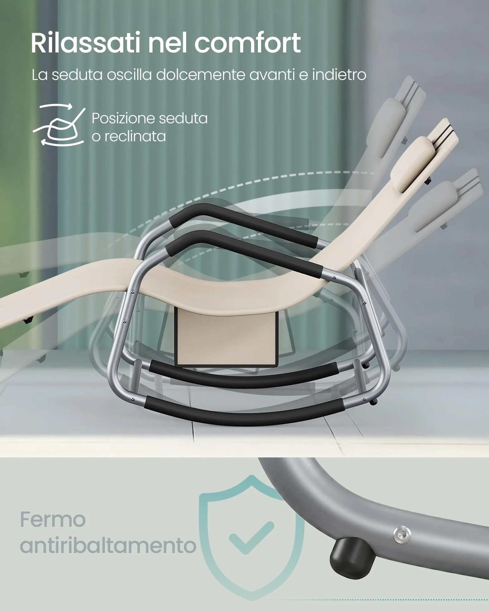 SONGMICS Sedia a Dondolo, Sedia a Sdraio Antiribaltamento, Cuscino Regolabile, Telaio in Acciaio, Tessuto Respirante, Tasca Portaoggetti, 151 x 56,2 x 97,3 cm, Beige GCB230WZ01