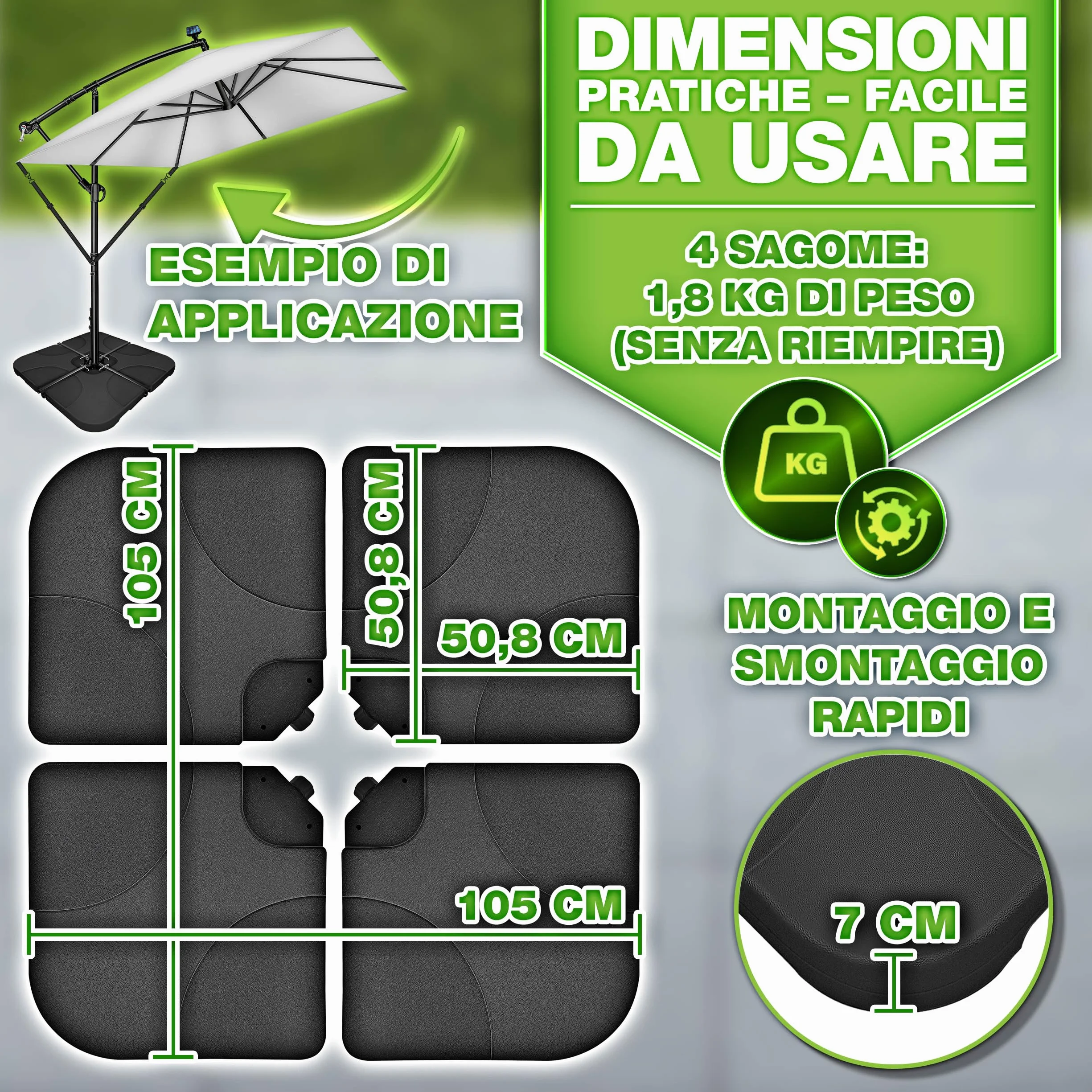 tillvex® Base per Ombrellone 60 Litri / 80 kg – 4 Pezzi per Ombrellone Decentrato con Connettore Metallico | Porta Ombrelloni Riempibile con Acqua o Sabbia | Supporto Ombrellone (Nero)