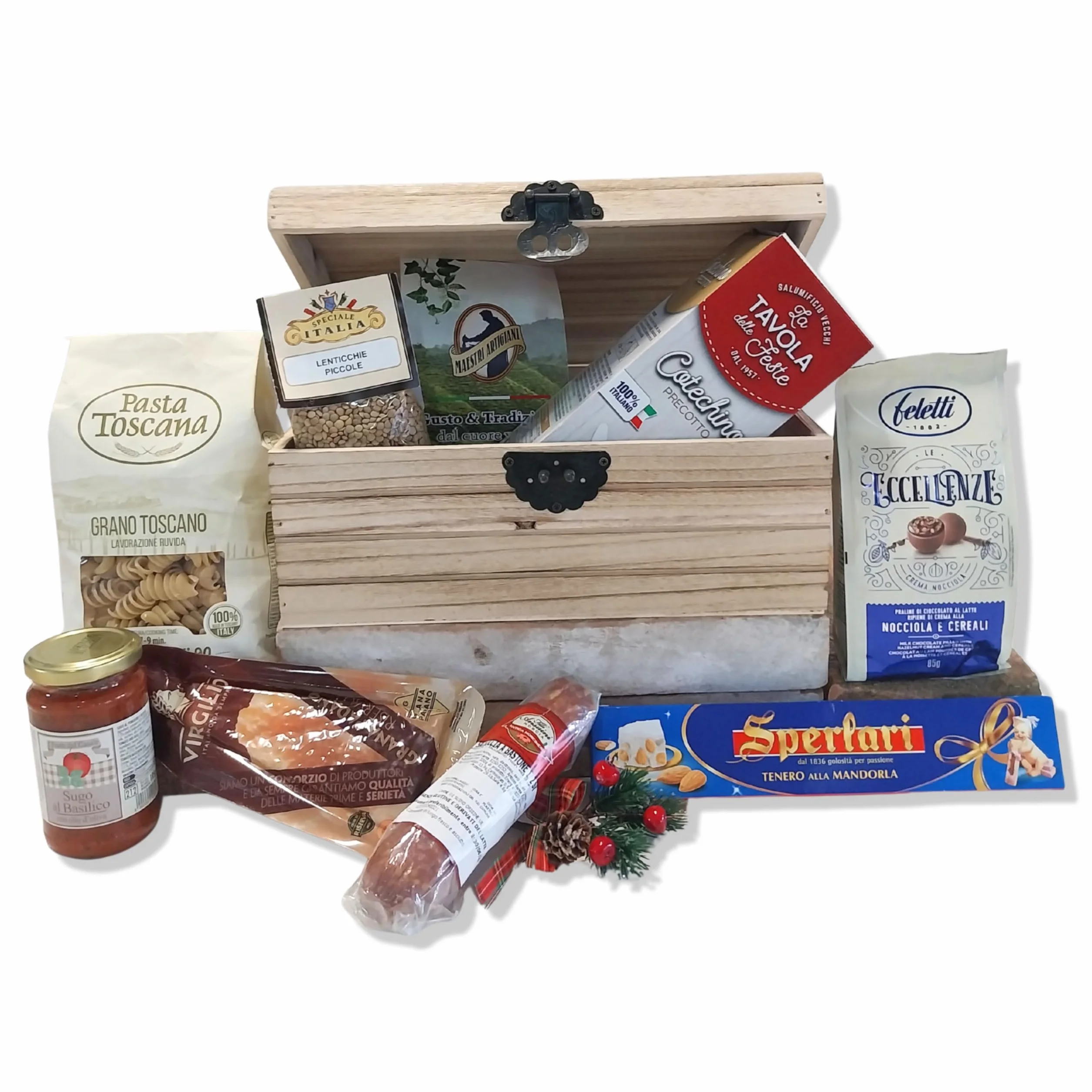 Cesti Natalizi Speciale Italia - Confezione Regalo Natale Baule delle Bontà, Cesto Natalizio Gastronomico con Prodotti Alimentari e Bauletto in Legno, 7 pezzi