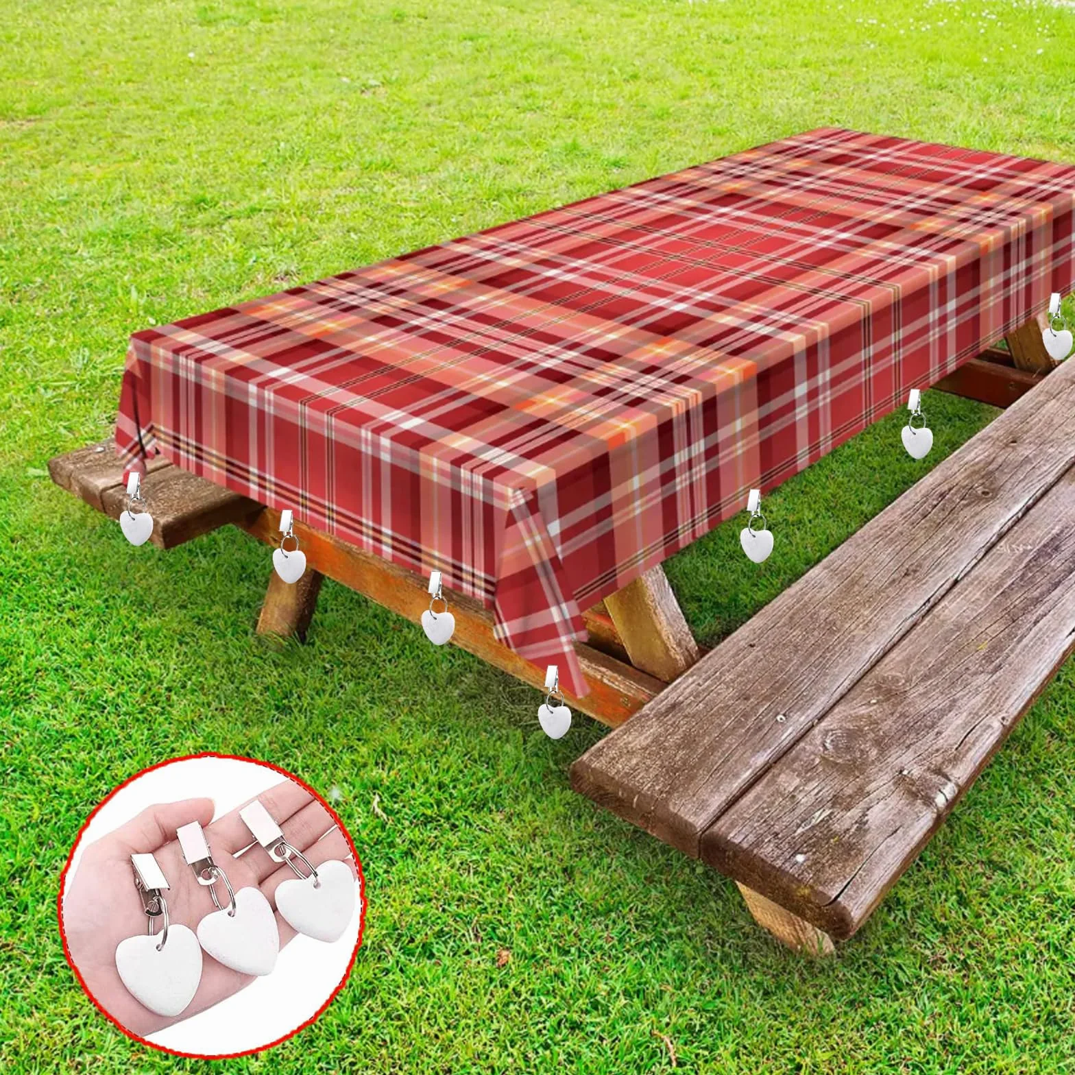 ZVO 10 fermacavovaglia, pesi per tovaglia con clip per esterni, in pietra naturale con clip per tavoli in giardino, picnic, feste, cucina, sala da pranzo (cuore)
