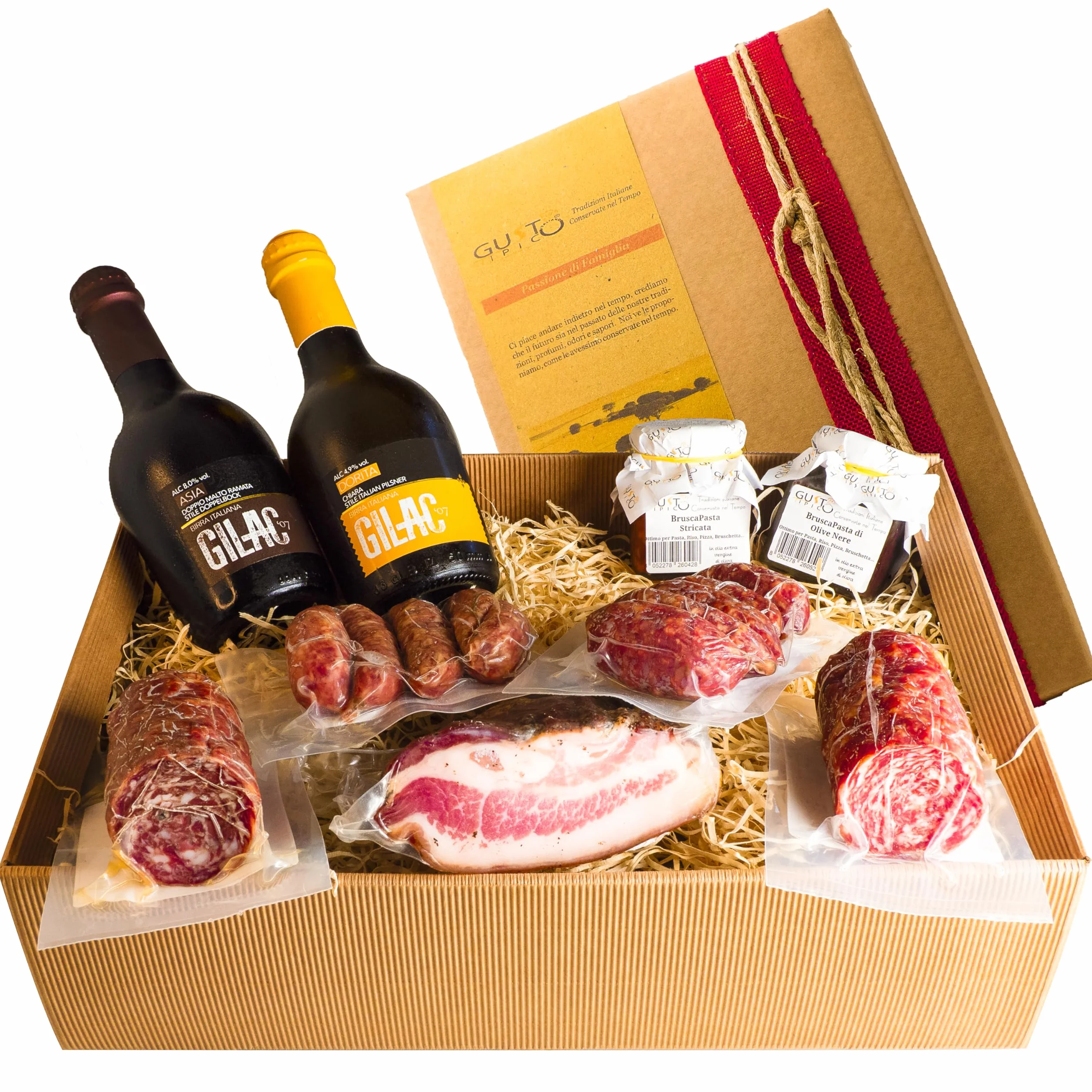 GUSTO TIPICO ITALIANO Cesta Natale 2024 | Cesto Gastronomico Natalizio Salumi Italiani Artigianali con Guanciale, Salame Toscano di Maiale e Cinghiale, Birra Gilac, Salsicce, Bruscapasta