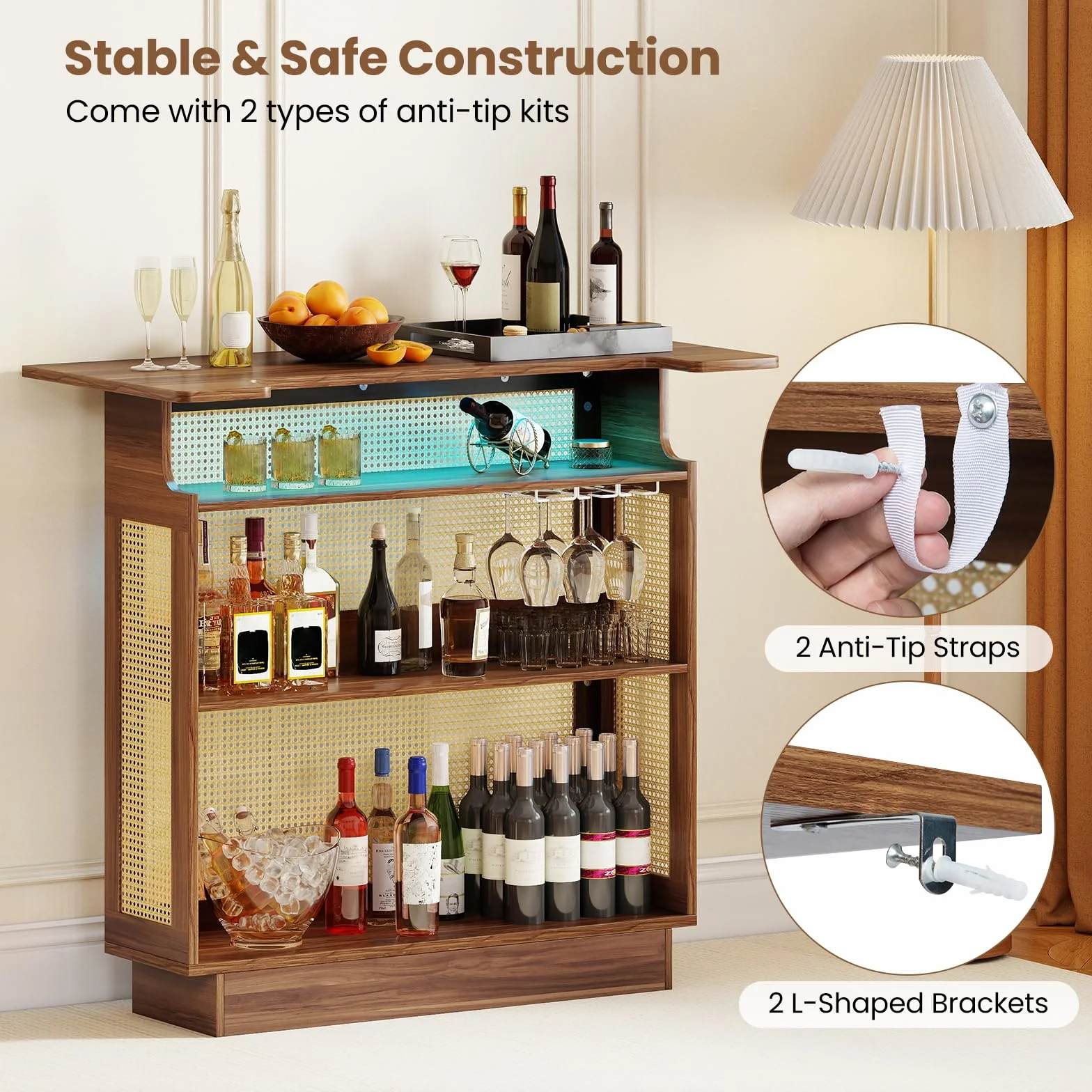 GIANTEX Tavolo da bar con deposito, tavolo alto da cucina con illuminazione a LED e superficie in rattan, bancone da cucina con 3 ripiani e portabicchieri, protezione antiribaltamento, 120x55x110 cm