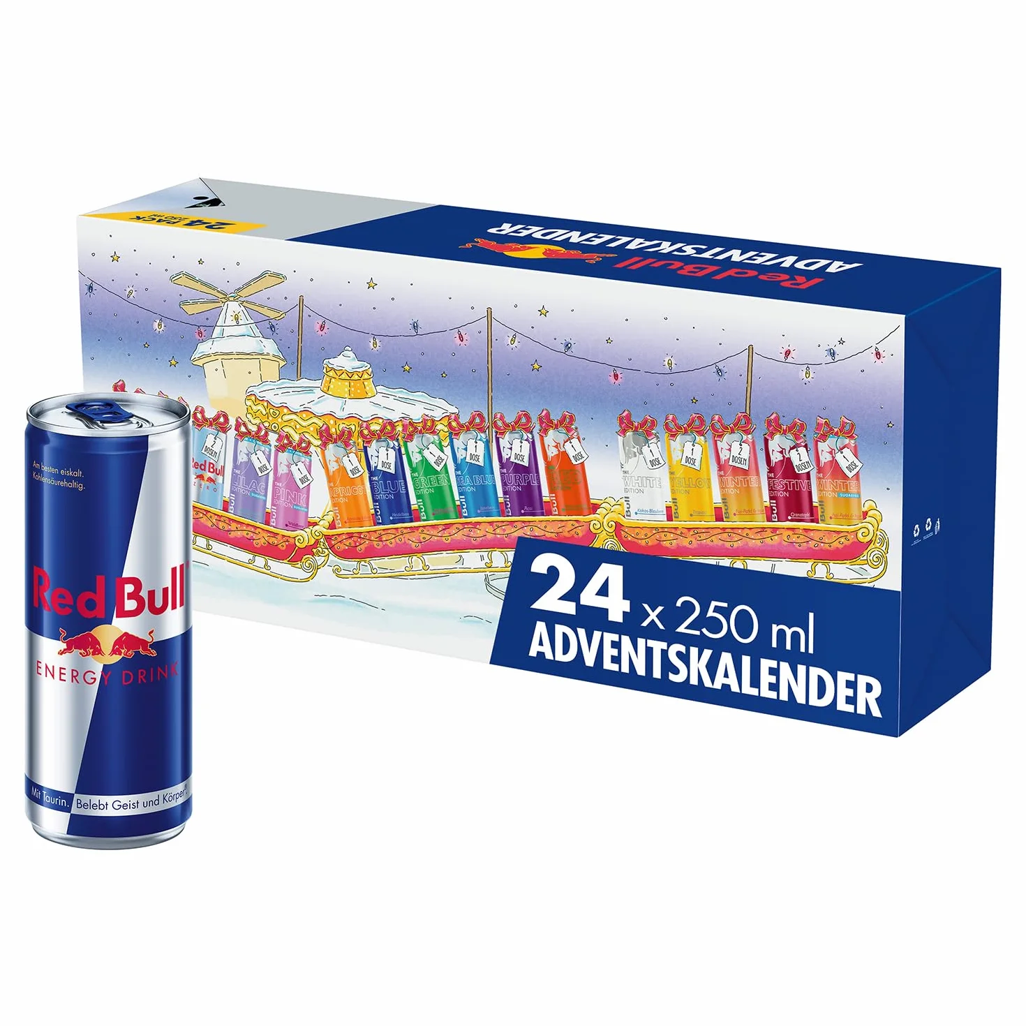 RedBull Calendario dell'Avvento 2025, 24 Lattine da 250 ml, Gusti Classici e Senza Zucchero, Edizione Limitata