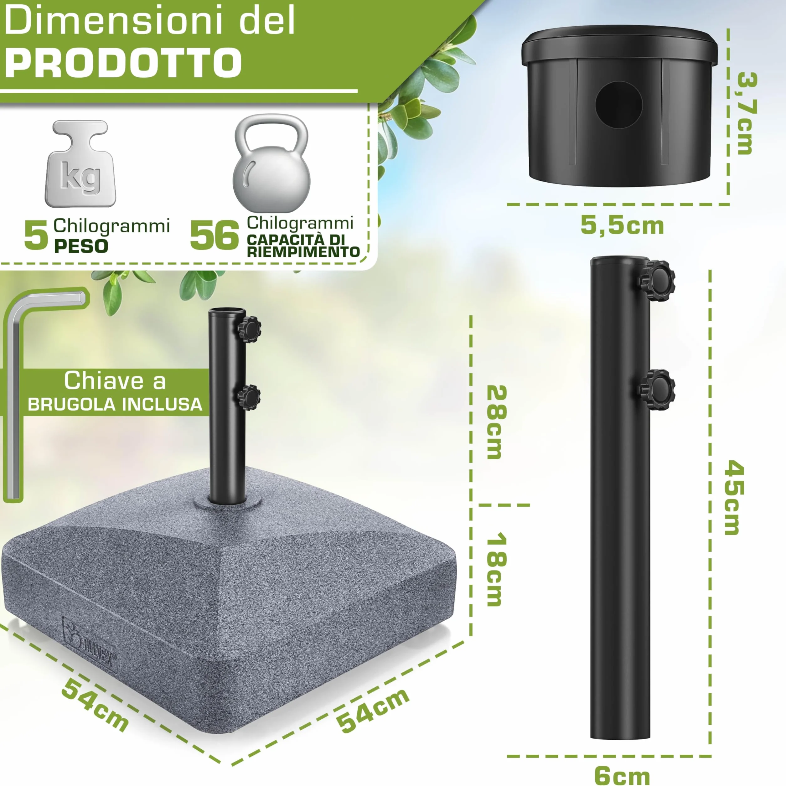 tillvex® Base per ombrellone GRAVIA e Ruote e Freni | Zavorra ombrellone riempibile 37L/56kg | Piedistallo per ombrelloni Giardino e Mercato Ø1,8-3,7m | Resistente a intemperie e UV (Effetto Granito)