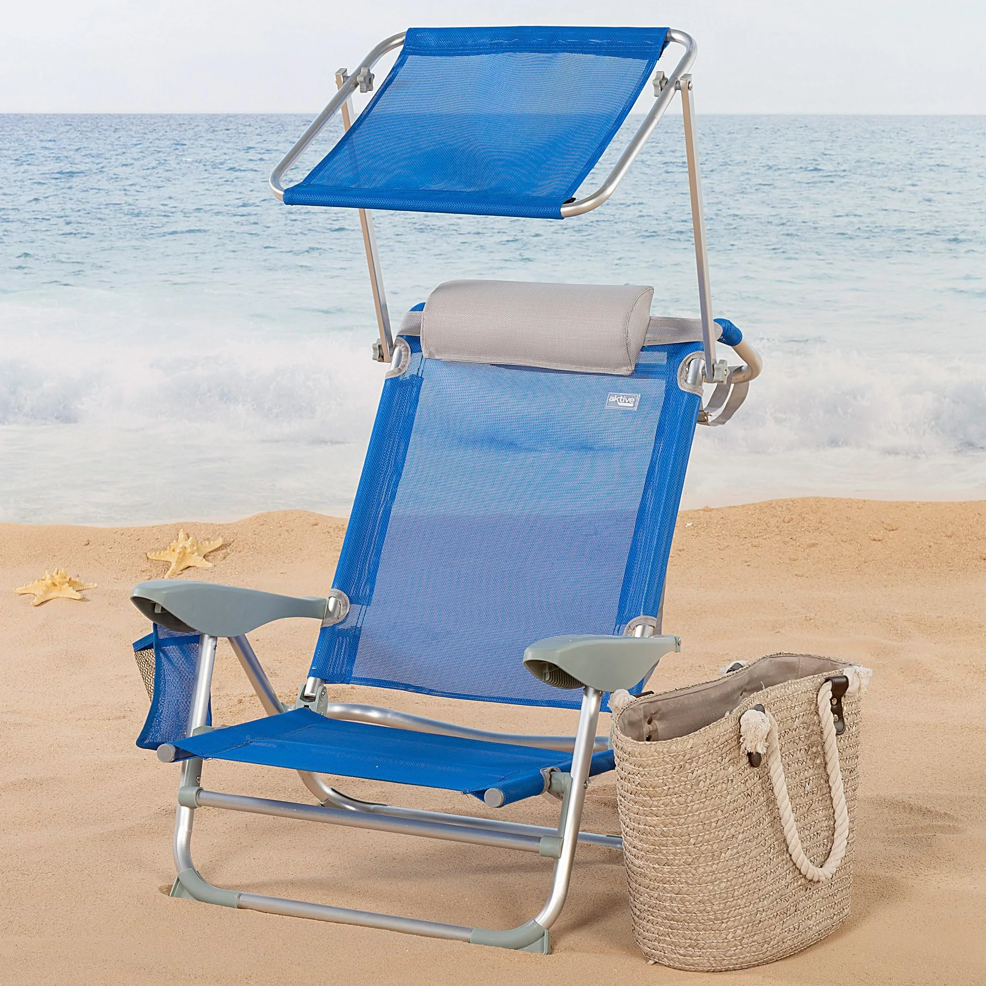 AKTIVE Set di 2 sedie da spiaggia pieghevoli con ombrellone, Antiribaltamento e reclinabili, 4 posizioni, Cuscino,