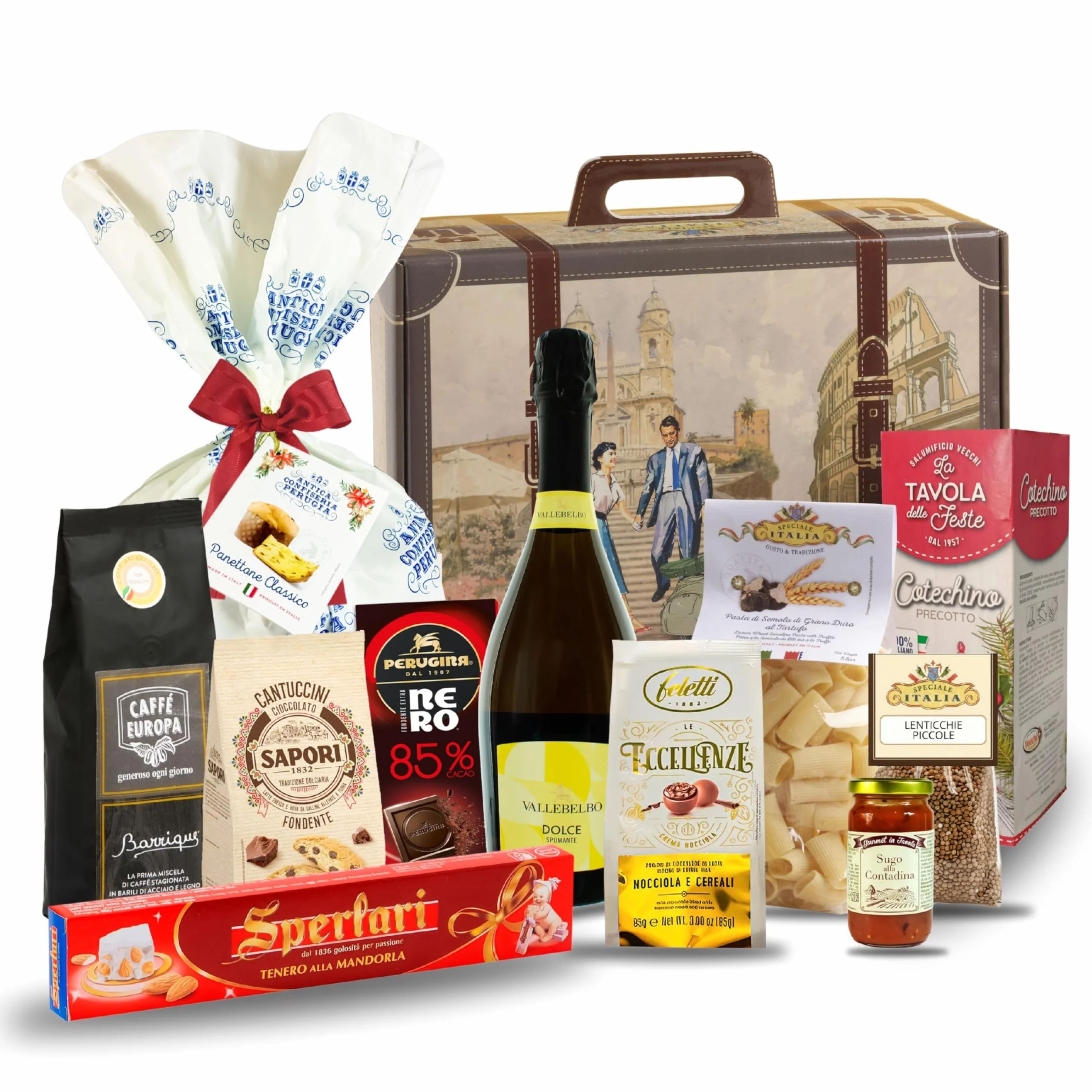 Cesti Natalizi Speciale Italia – Confezione Regalo Natale Viaggio nel Gusto con Panettone da 500g, Spumante, Prodotti Gastronomici e Dolciari, 11 pezzi