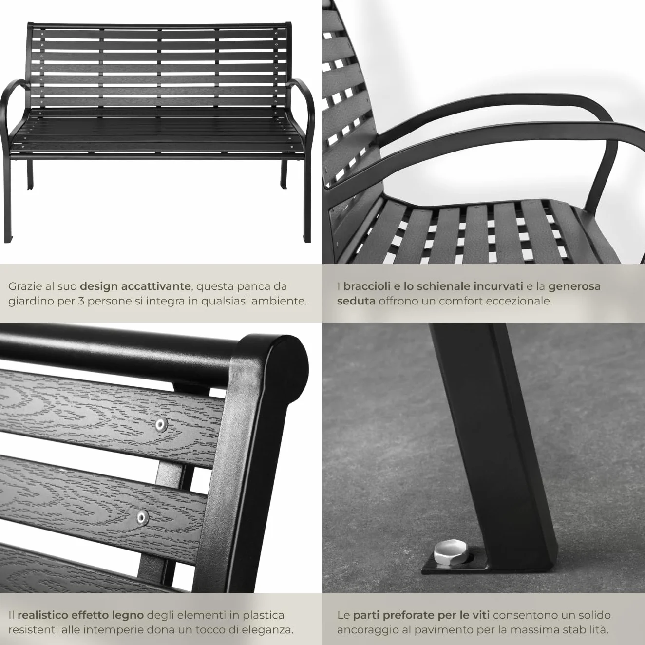 tectake® Panca da Giardino, Panchina da Esterno 3 Posti, Intelaiatura in Acciaio Verniciato, Panca con Schienale, Resistente agli Agenti Atmosferici, 126 x 62 x 81,5cm - Nero