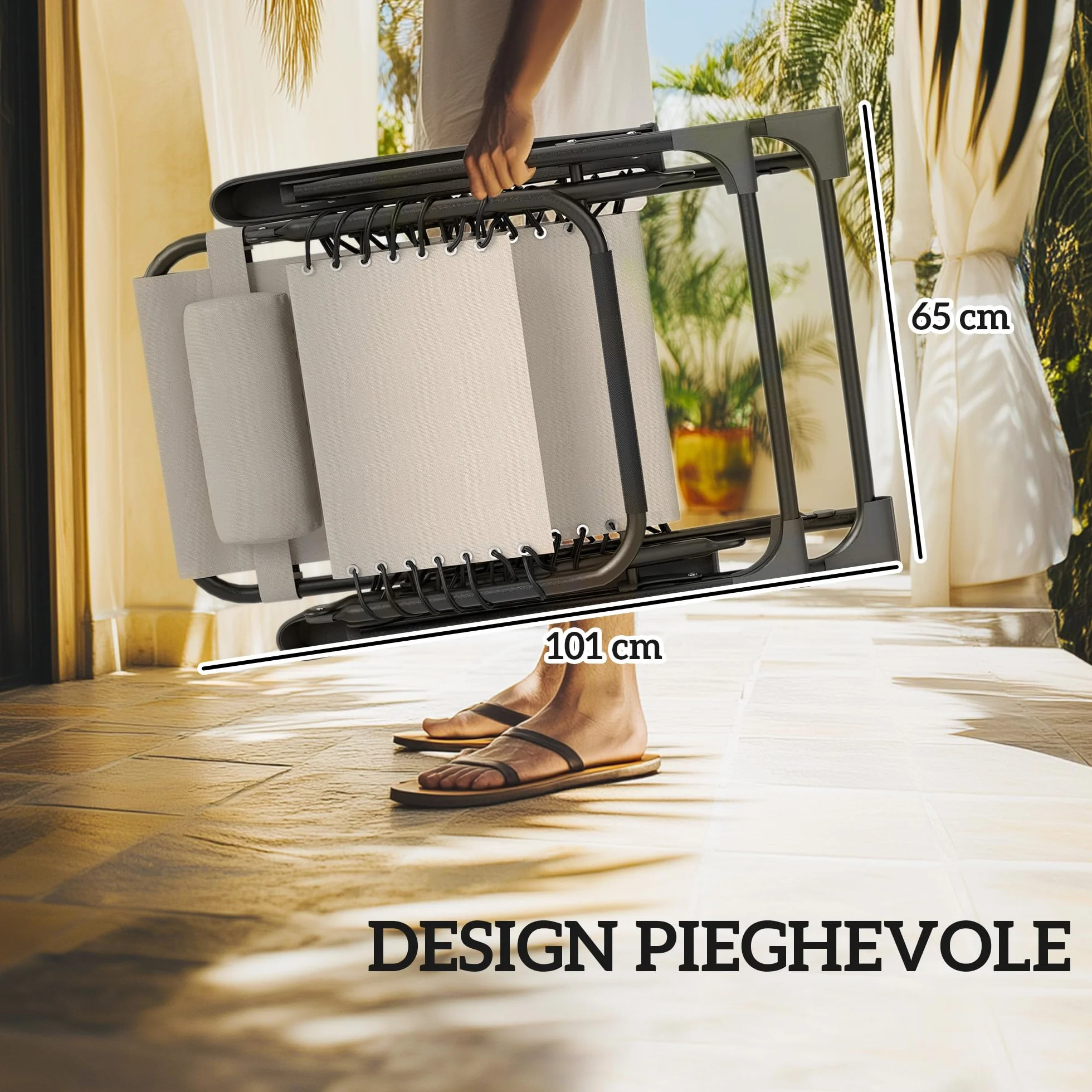 Outsunny Set di 2 Sedie Sdraio da Giardino Zero Gravity e Tavolino con Portabicchieri, Set Sedie Pieghevoli con Poggiatesta e Tessuto Traspirante, Schienale Regolabile a 5 livelli, Beige