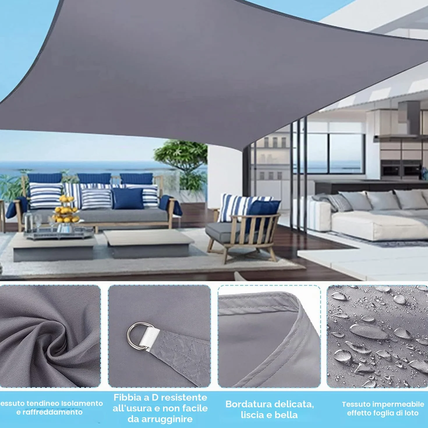 Tenda a Vela Ombreggiante 2x3m Rettangolare, Teli Ombra Esterno Oxford Imperméabile, Protezione UV,con 4 Corde Nylon,Anelli Inox 304,Grigio Scuro per Pergola Giardino Terrazzo.