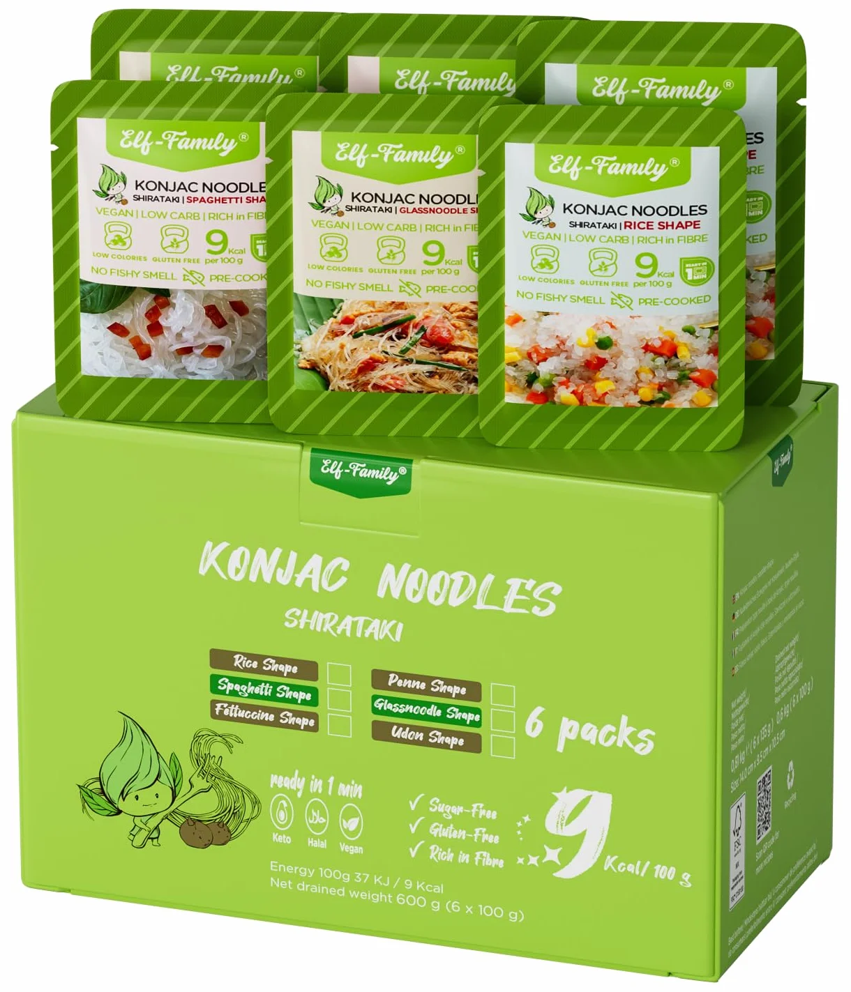 Elf-Family 108ER Pacchetto Assaggio 3+3 (Spaghetti/Noodles di Vetro/Riso) Shirataki Noodles Senza Odore di Pesce, 9kcal Low Carb, Konjac, Vegan, Senza Glutine TMC: 26.05.2025