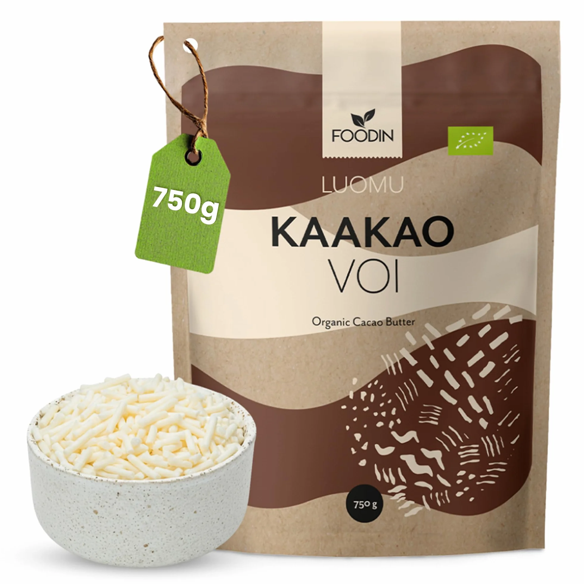FOODIN Burro di Cacao Bio — Naturale per Cosmetica, Cucina e Dolci — Idratante, Dolce Profumo, Crudo e Sostenibile — 750g