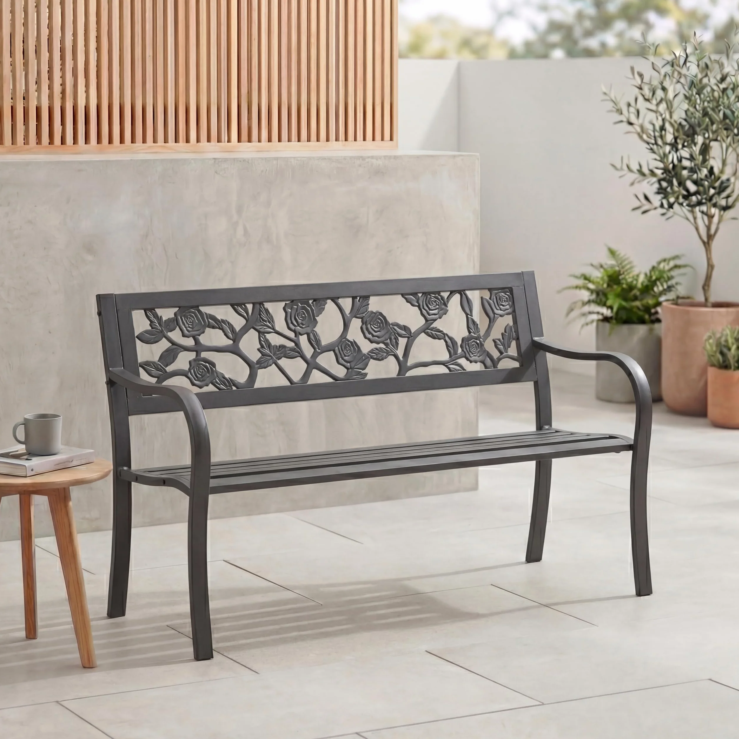 Garden Vida Panca da Giardino in Acciaio, Design a Forma di Rosa, 3 posti, mobili da Esterni, per Parco, Patio, Colore Nero
