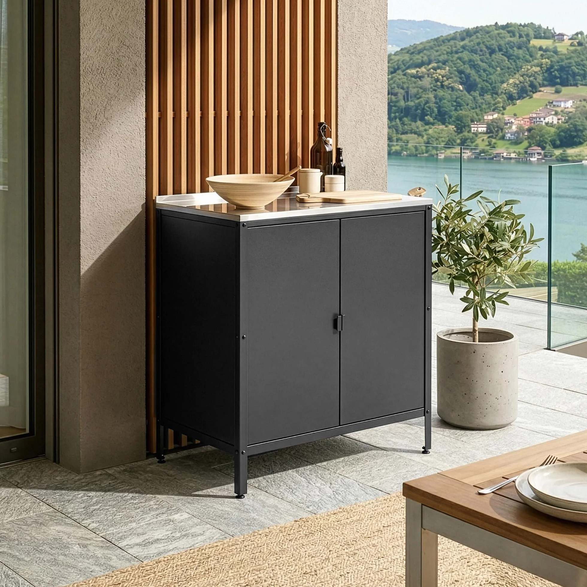 casa.pro Armadio da Giardino Mobile Organizzatore da Esterno 92 x 80 x 50 cm Armadietto in Acciaio con 2 Ante e Ripiano Piedini Regolabili per Livellare - Nero Opaco