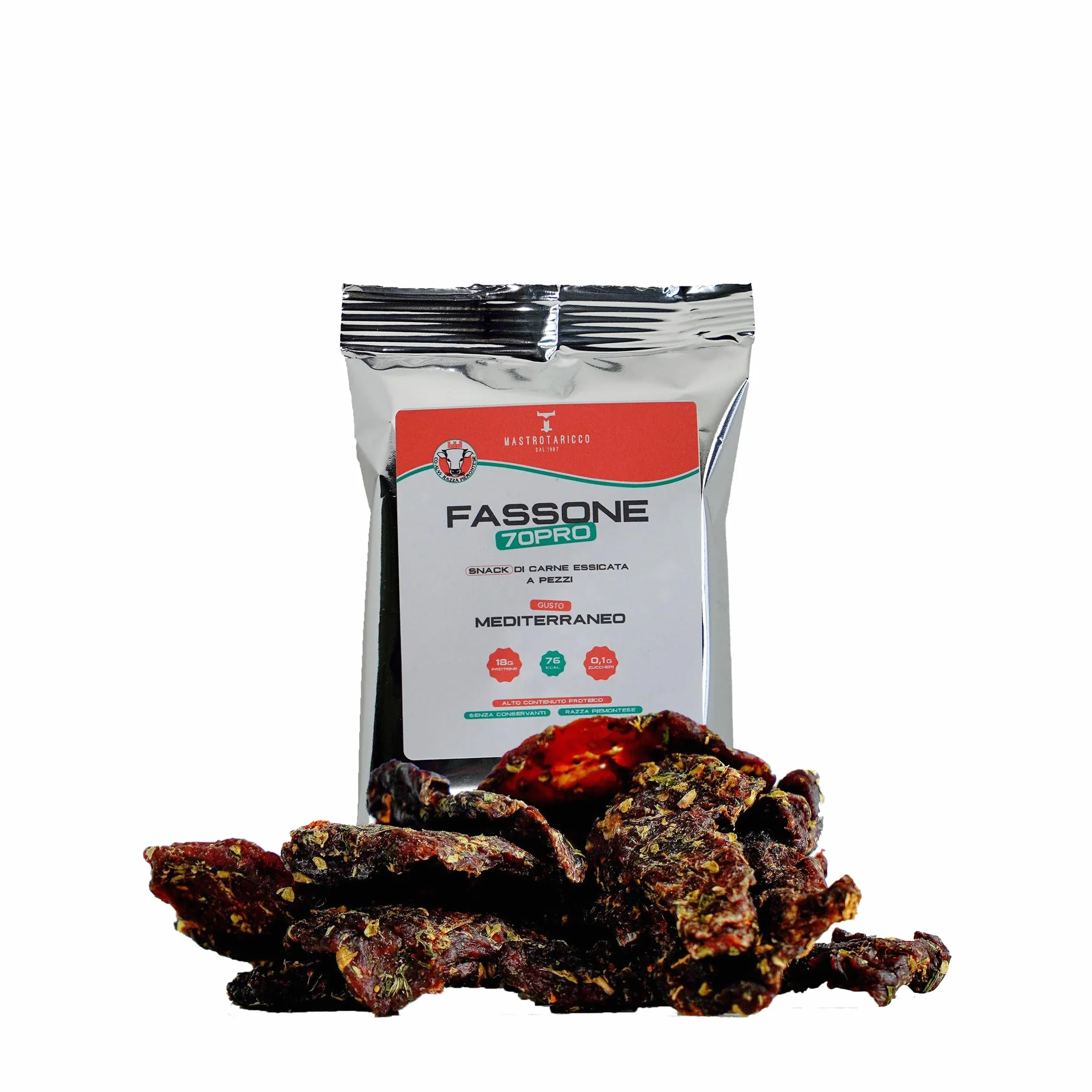Fassone70pro Beef jerky, carne secca per umani con 70% di proteine naturali, snack proteici a base di carne essiccata per sportivi, beef protein proteine senza lattosio. (Pack da 10 confezioni)