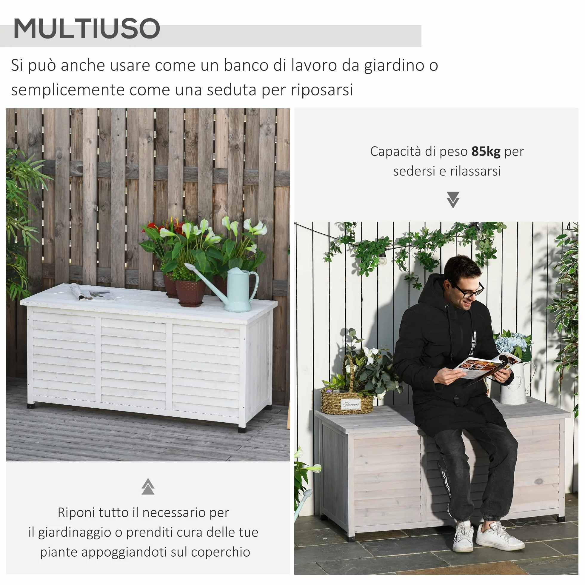 Outsunny Baule da Esterno in Legno di Abete con Base Rialzato e Coperchio, Cassapanca Contenitore da Esterno Impermeabile, 127x56x60 cm, Bianco