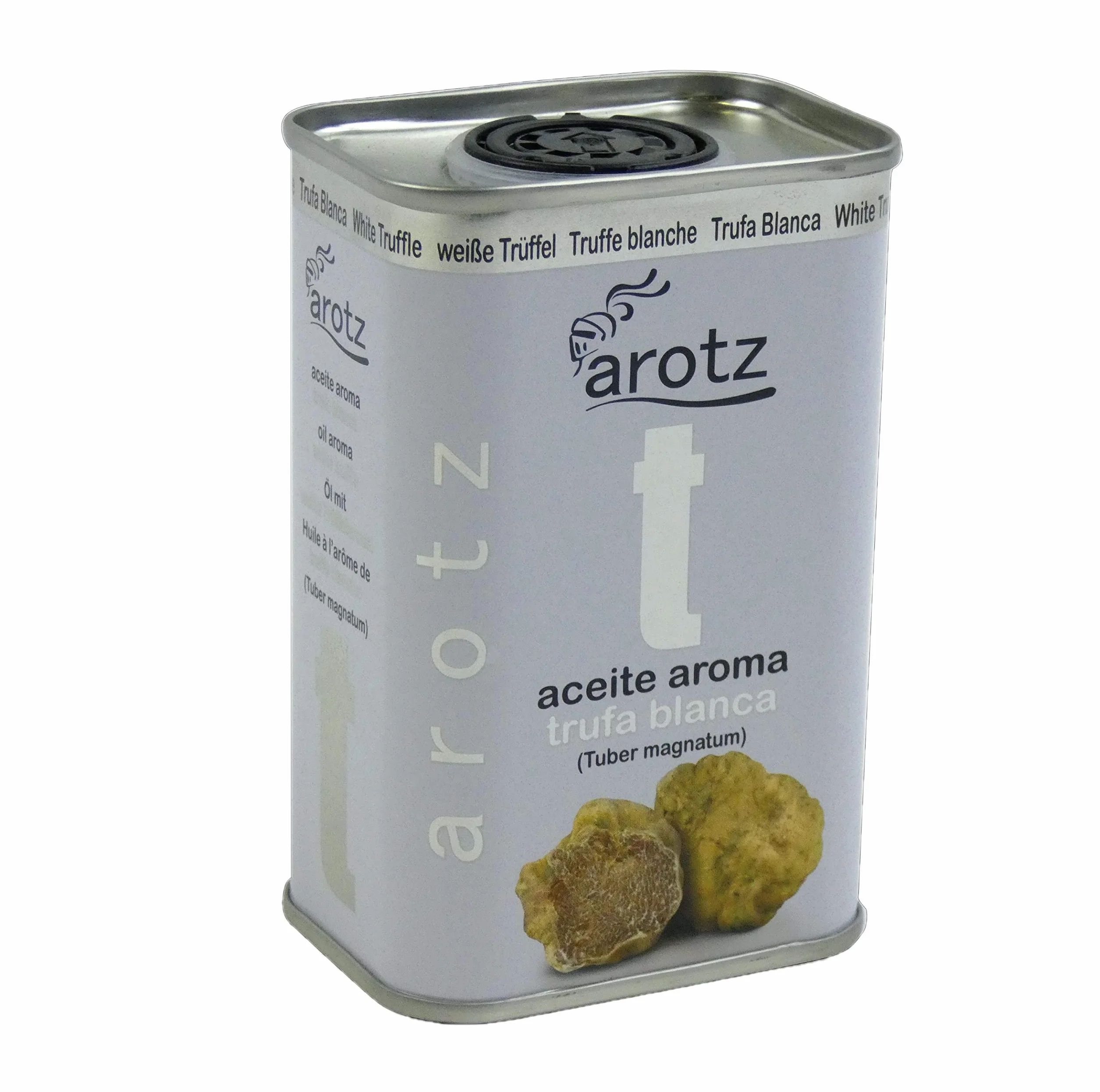 Olio all'aroma di tartufo bianco vero. Lattina di olio al tartufo da 200 ml. Tocco gourmet di alto livello culinario. Olio d'oliva aromatizzato.