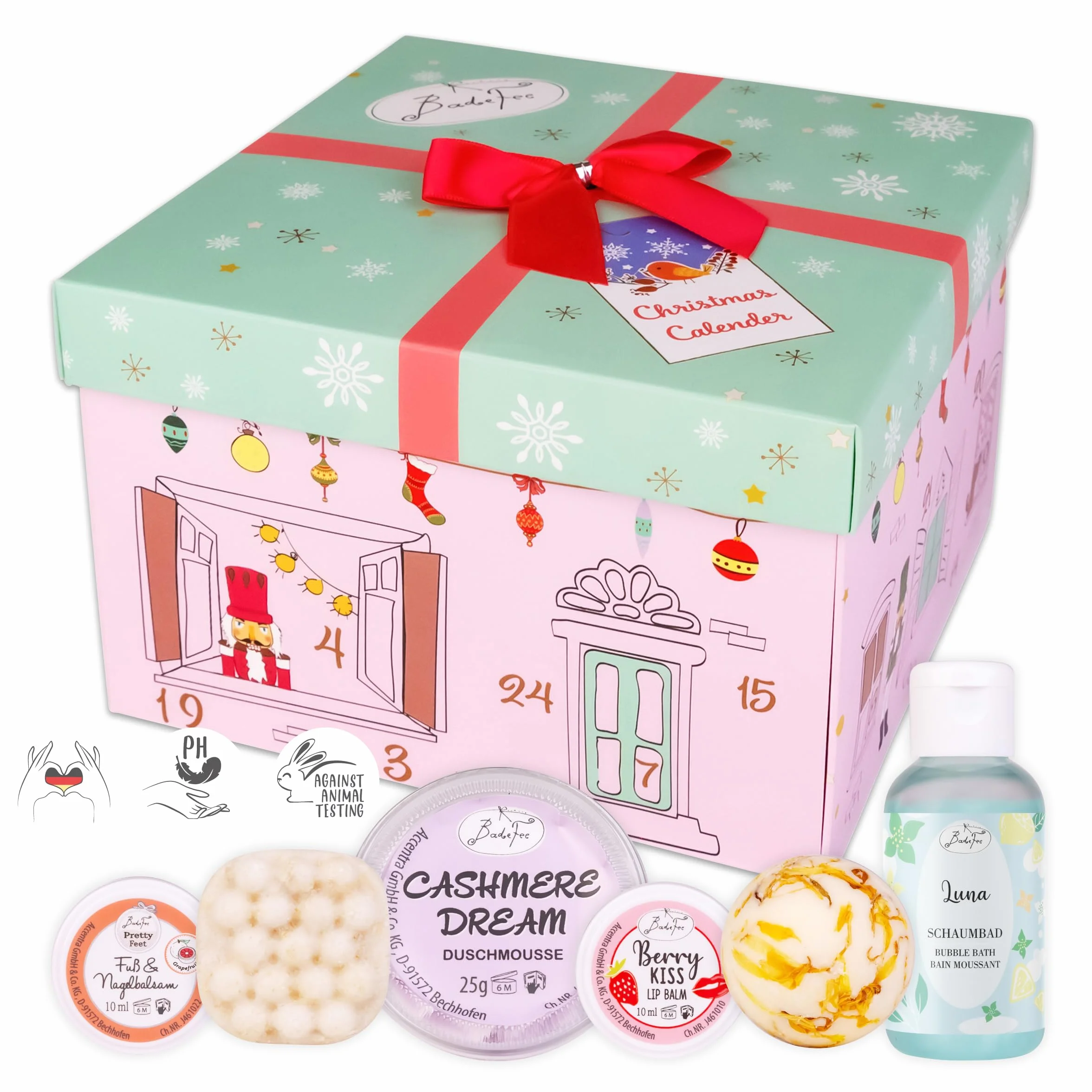 Calendario dell'Avvento BadeFee "Schiaccianoci" 2025 con 24 prodotti cosmetici: mousse doccia, crema deodorante, crema mani - senza parabeni e siliconi - fatto a mano in Germania