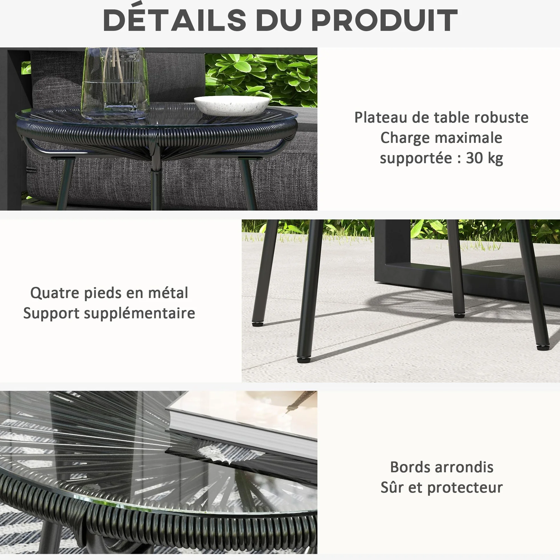 Outsunny Tavolino rotondo da giardino in resina effetto rattan metallo e piano in vetro temperato Ø 50 x 50 cm, colore: Nero