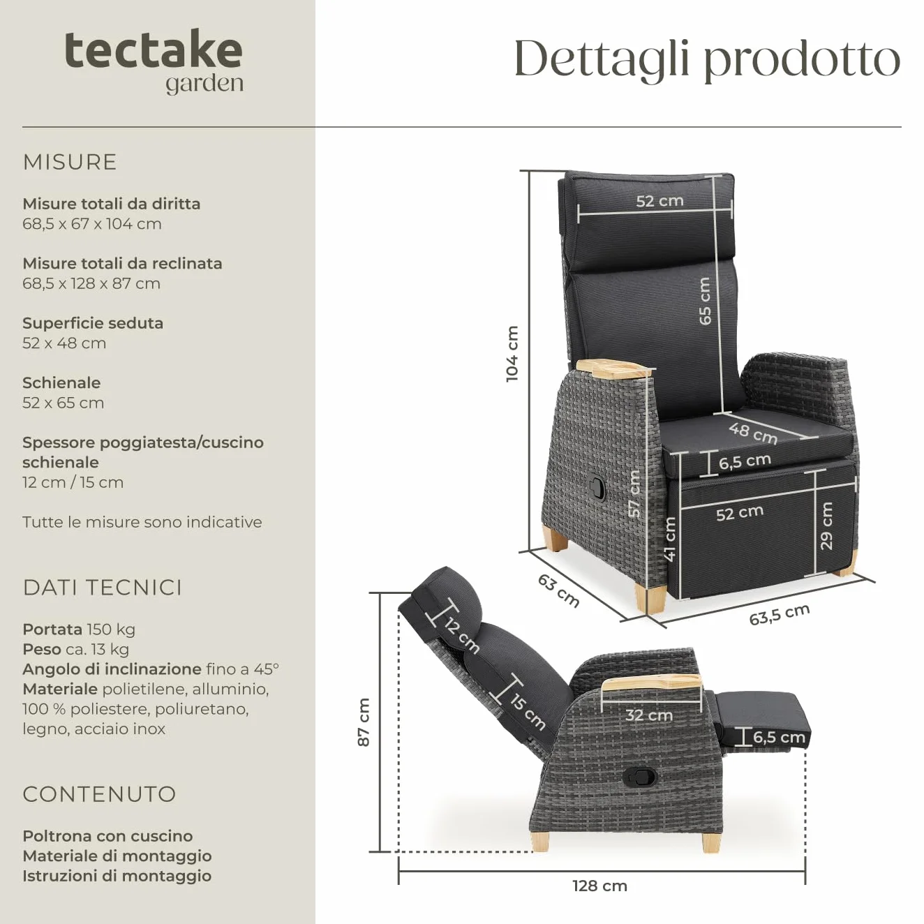 tectake® Poltrona Giardino in Rattan, Poltrona da Esterno con Telaio in Alluminio, Poltroncina Salotto Regolabile, Resistente ai Raggi UV, Comodo Piano d'Appoggio, Design Elegante - Grigio
