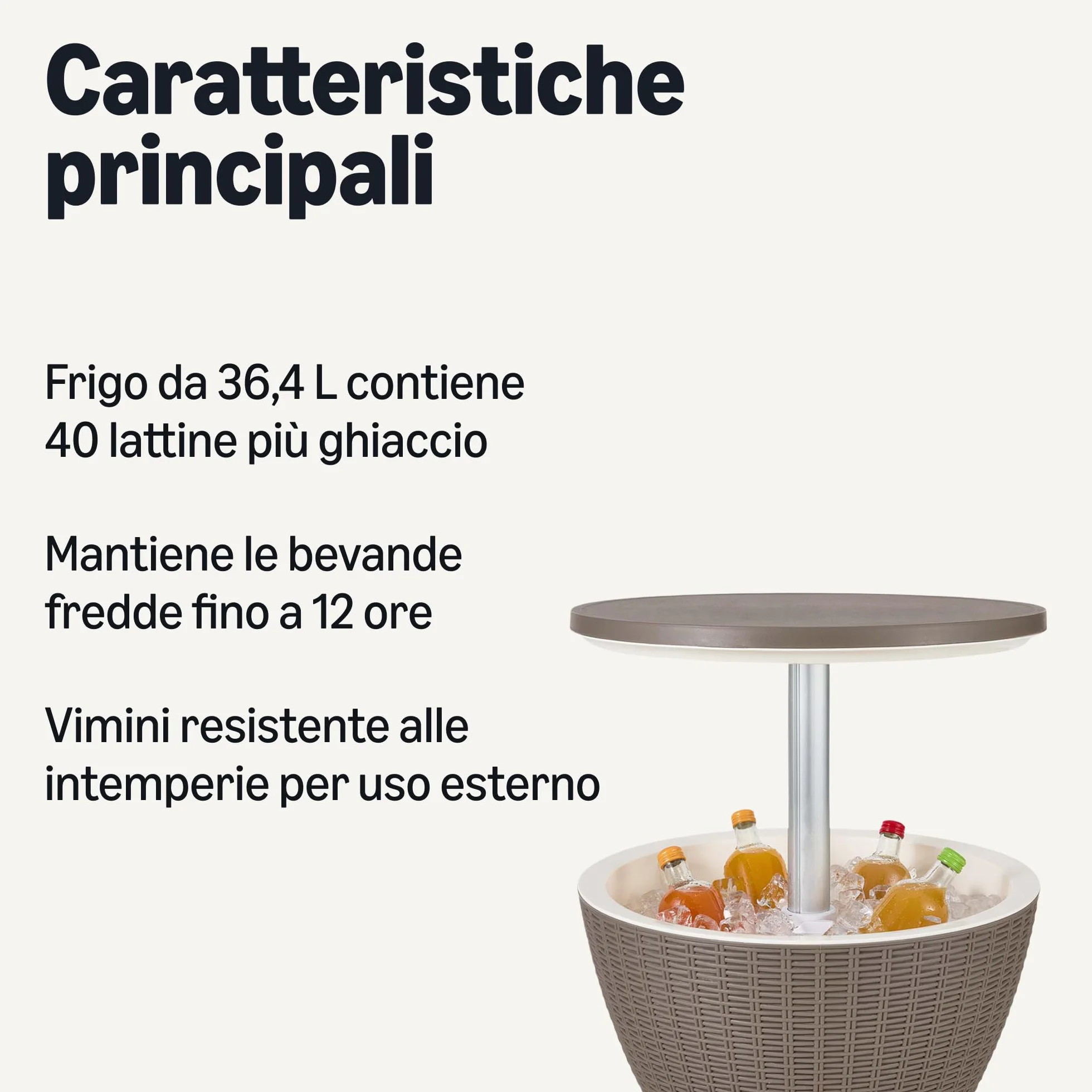 Amazon Basics - Tavolo Bar da Esterno con Contenitore Refrigerante da 30 Litri, Stile Intrecciato Rattan, 48cm x 48cm x 57-82cm H, Marrone